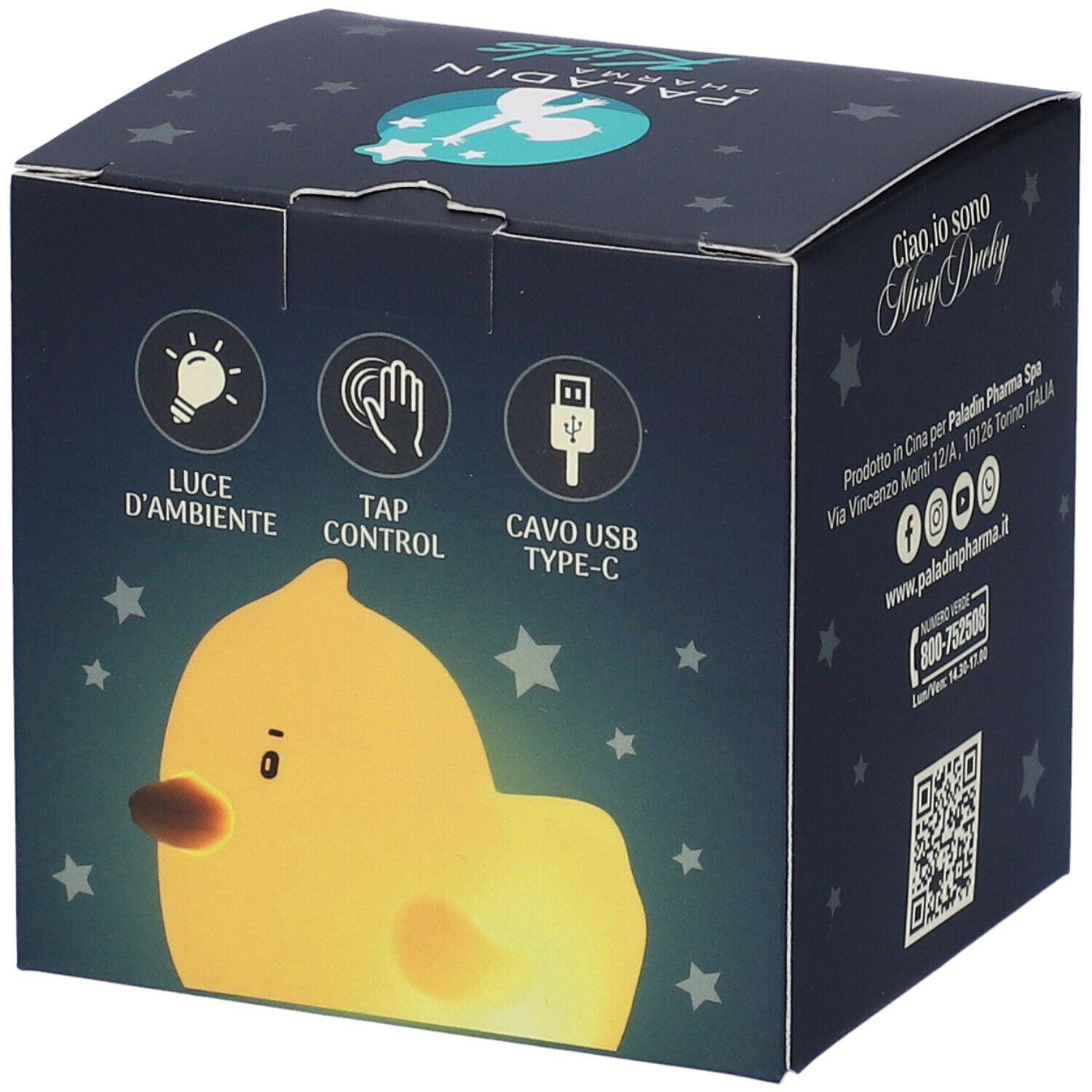 Confezione MiniDucky Paladin Pharma Kids. Simboli luce, controllo touch e cavo USB-C.