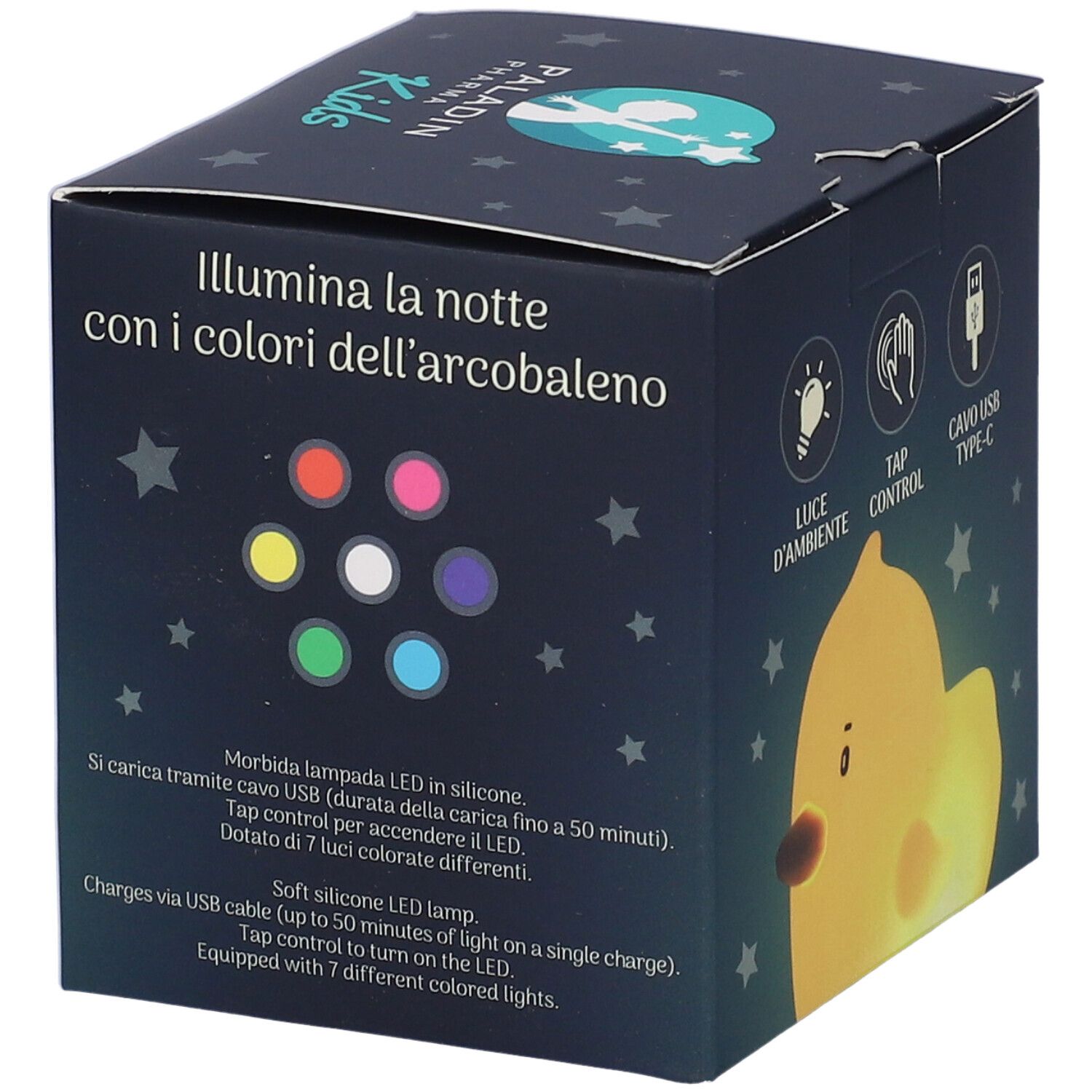 Confezione MiniDucky Paladin Pharma Kids. Luci colorate e descrizione del prodotto.