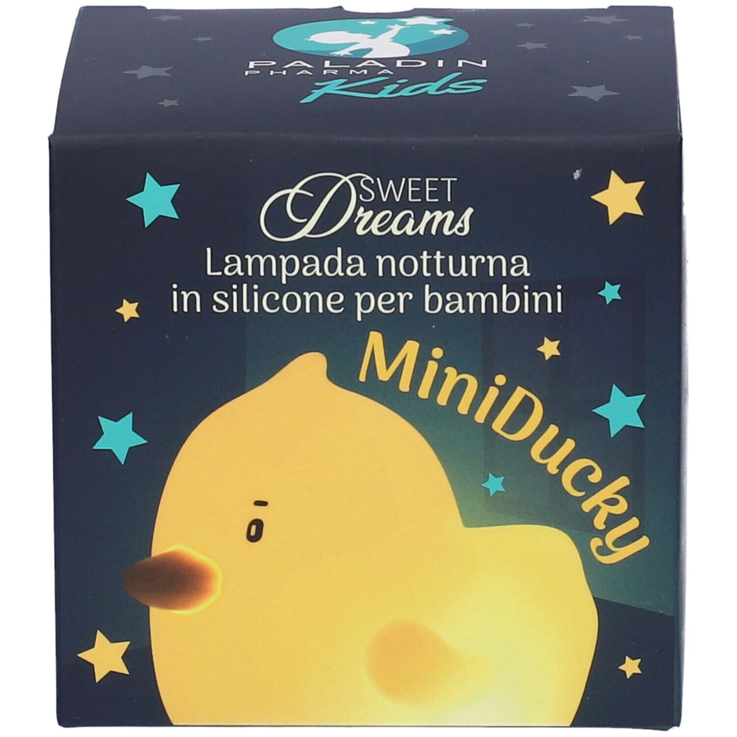 Fronte della confezione MiniDucky Paladin Pharma Kids. Anatra gialla su sfondo blu scuro.