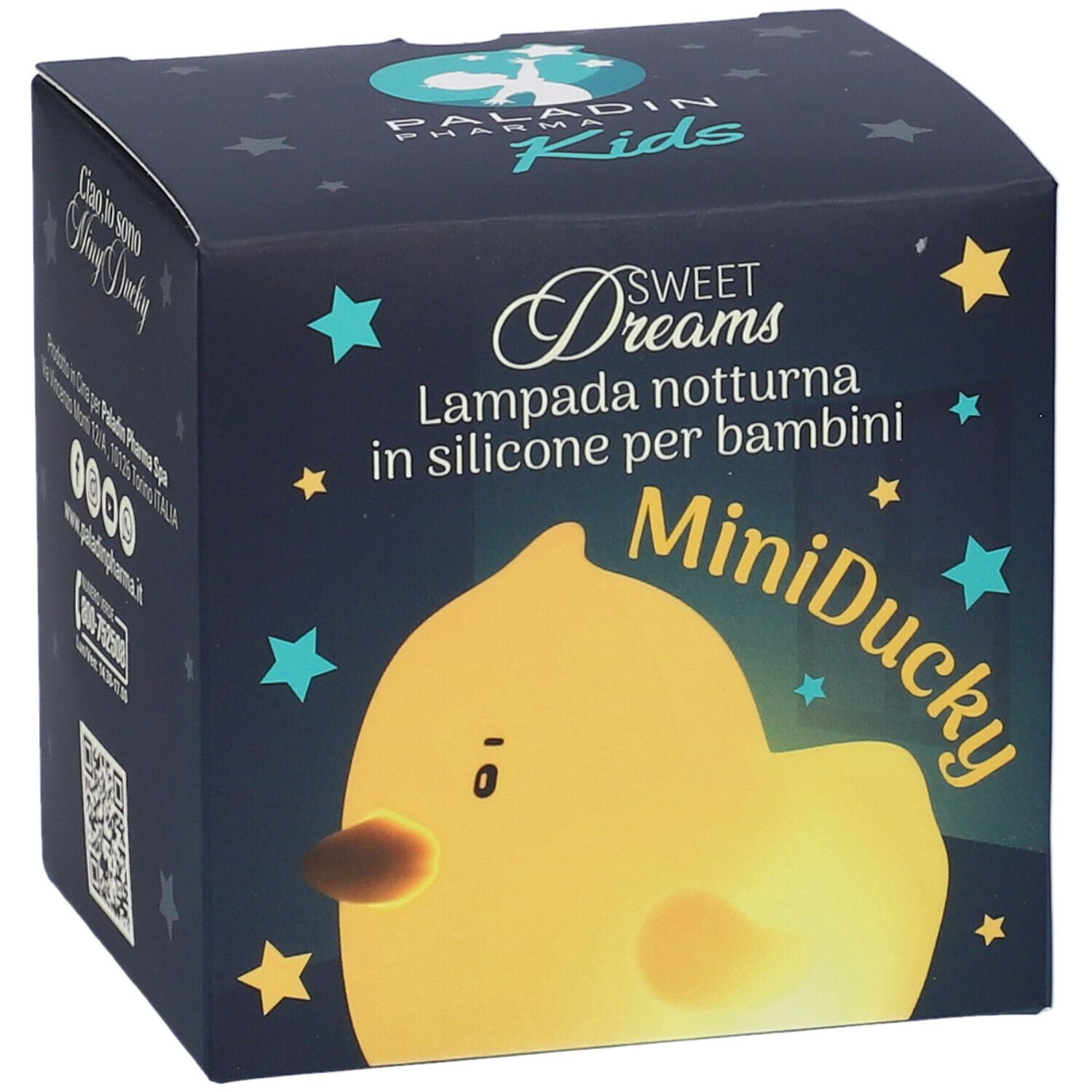 Confezione MiniDucky Paladin Pharma Kids. Nome del prodotto e logo su sfondo blu scuro.