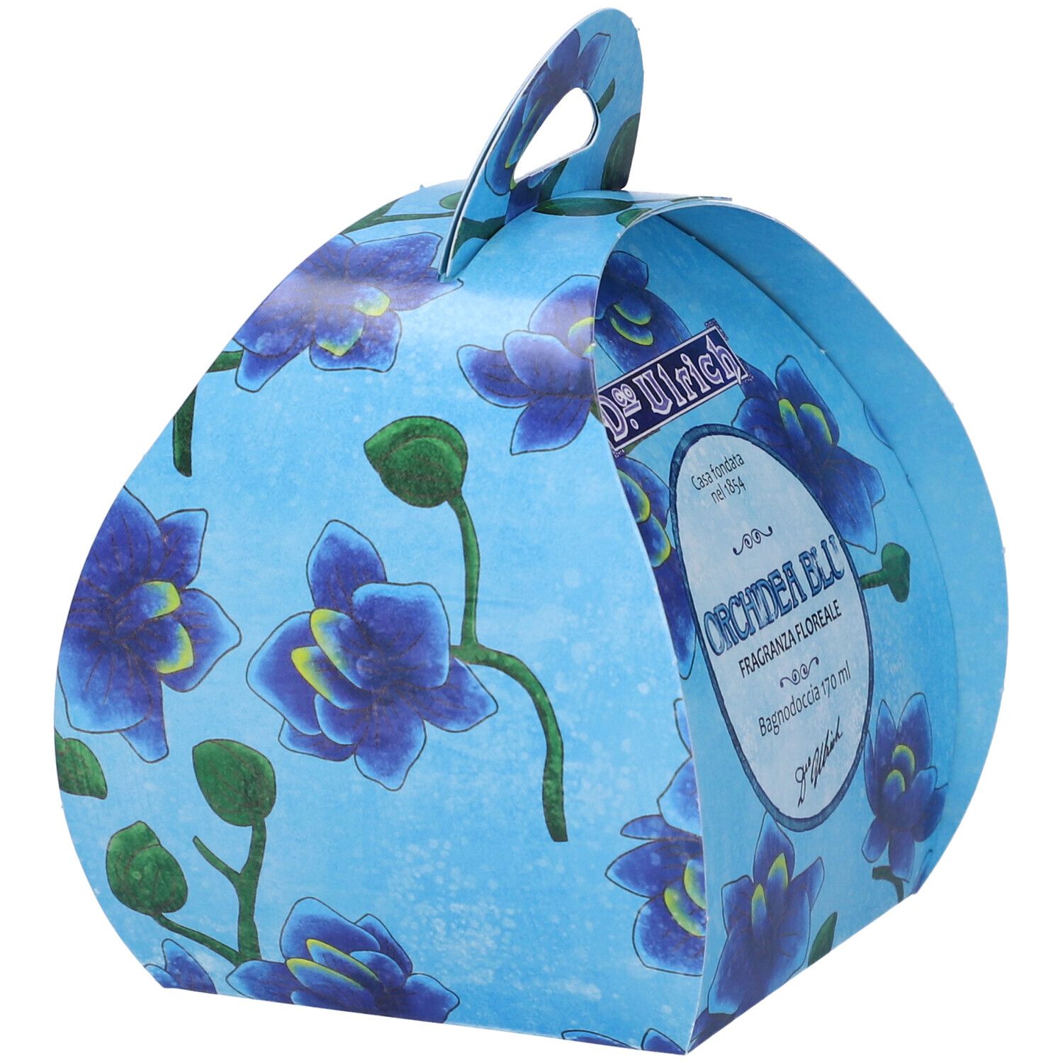 Confezione regalo rotonda blu con motivo orchidee e manico. Scritta: Orchidea Blu, Bagnodoccia.