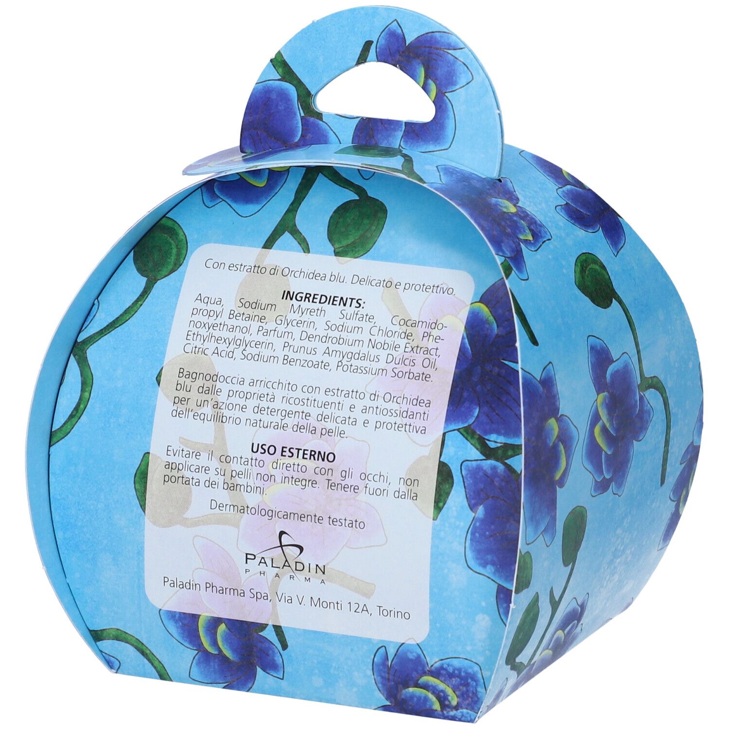 Scatola rotonda blu con motivo orchidee. Retro con ingredienti e istruzioni per l'uso. Dermatologicamente testato.
