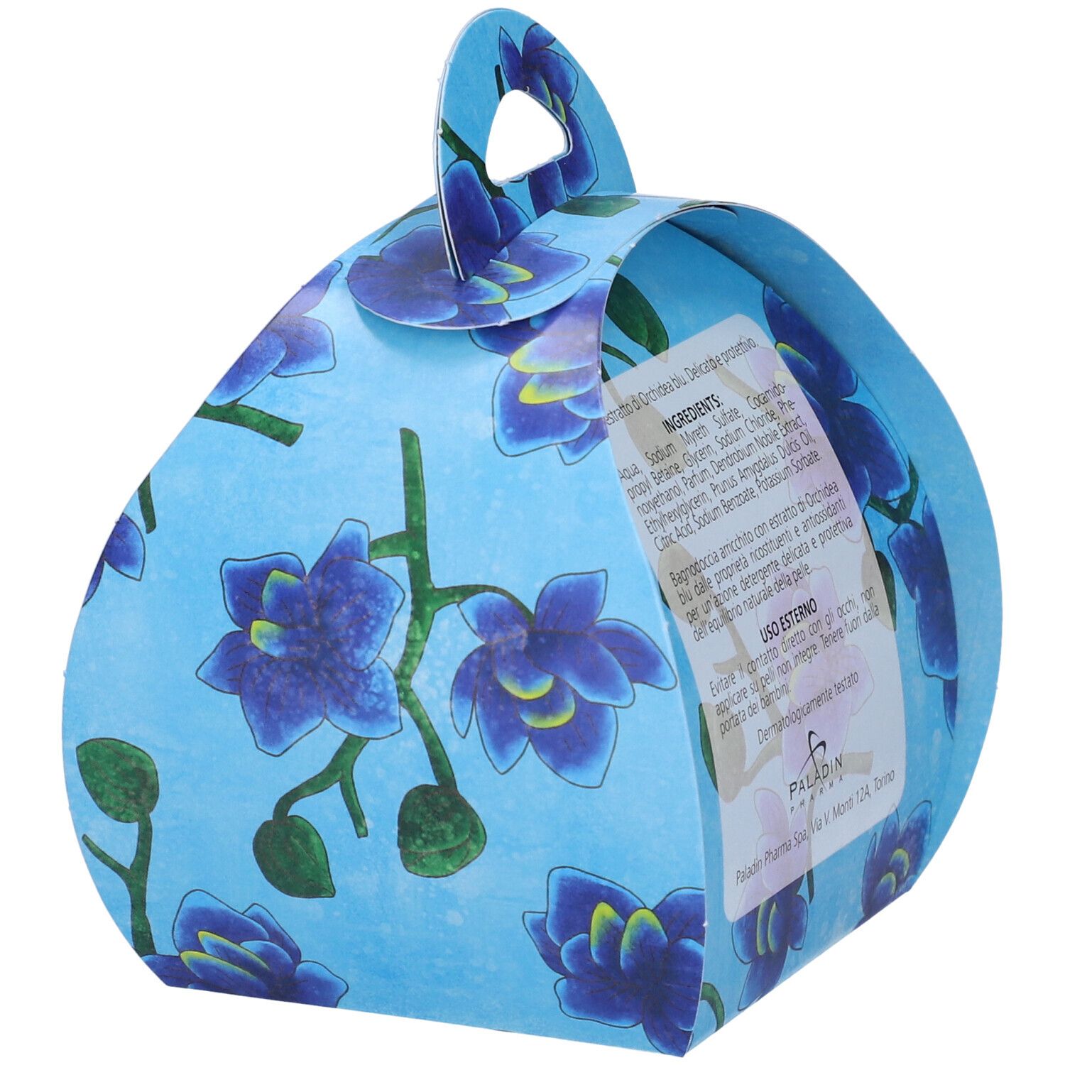 Scatola rotonda blu con motivo orchidee. Retro con ingredienti e istruzioni per l'uso. Dermatologicamente testato.