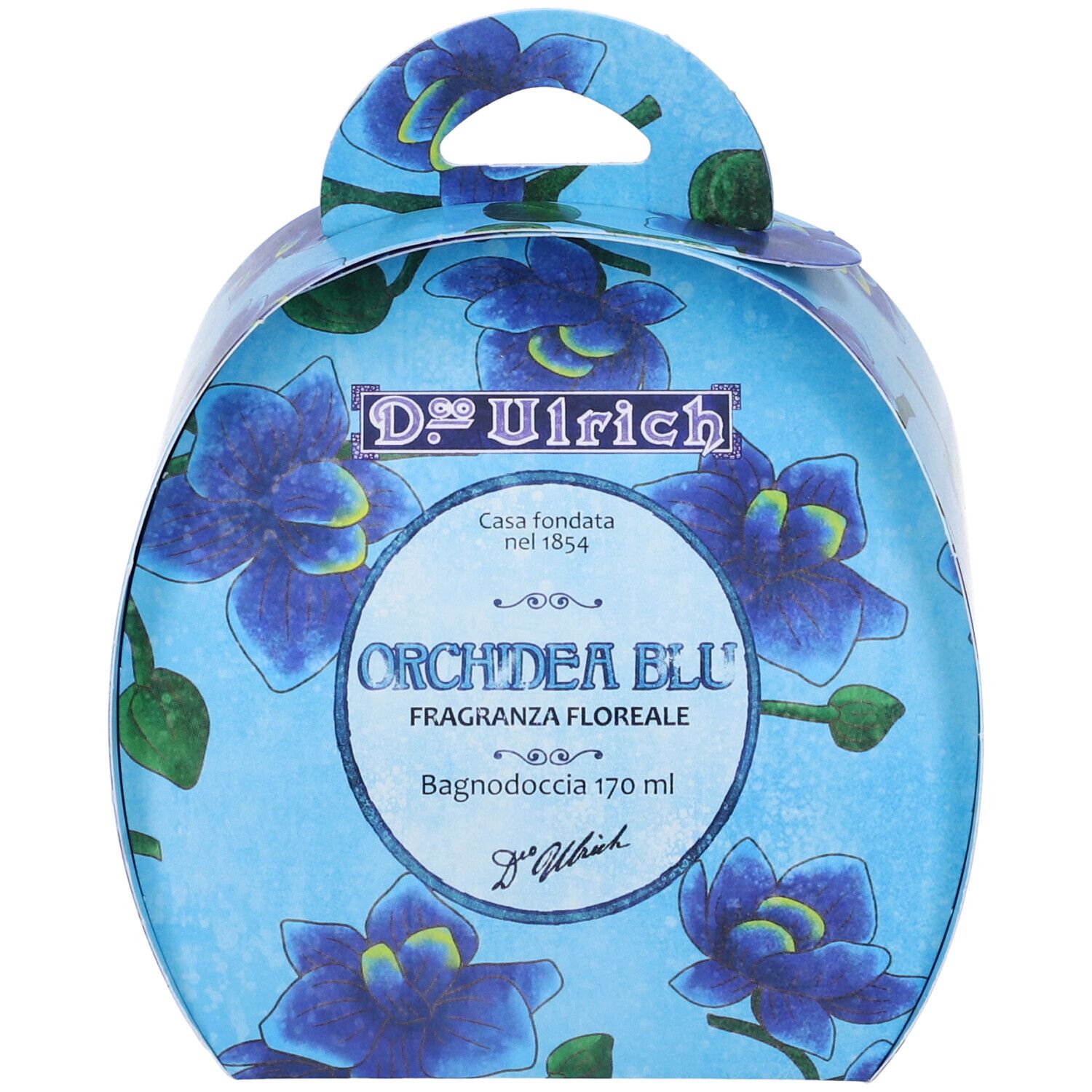 Confezione regalo rotonda blu con motivo orchidee e manico. Scritta: Orchidea Blu, Bagnodoccia 170 ml.