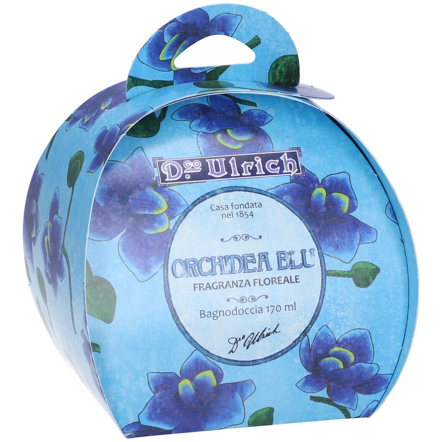 Confezione regalo rotonda blu con motivo orchidee e manico. Scritta: Orchidea Blu, Bagnodoccia 170 ml.