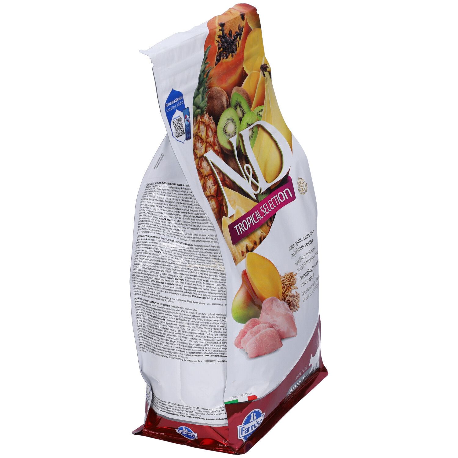 Sacchetto di cibo per gatti N&D Tropical Selection, vista laterale. Frutta, pollo e testo. Logo Farmina e codice QR.