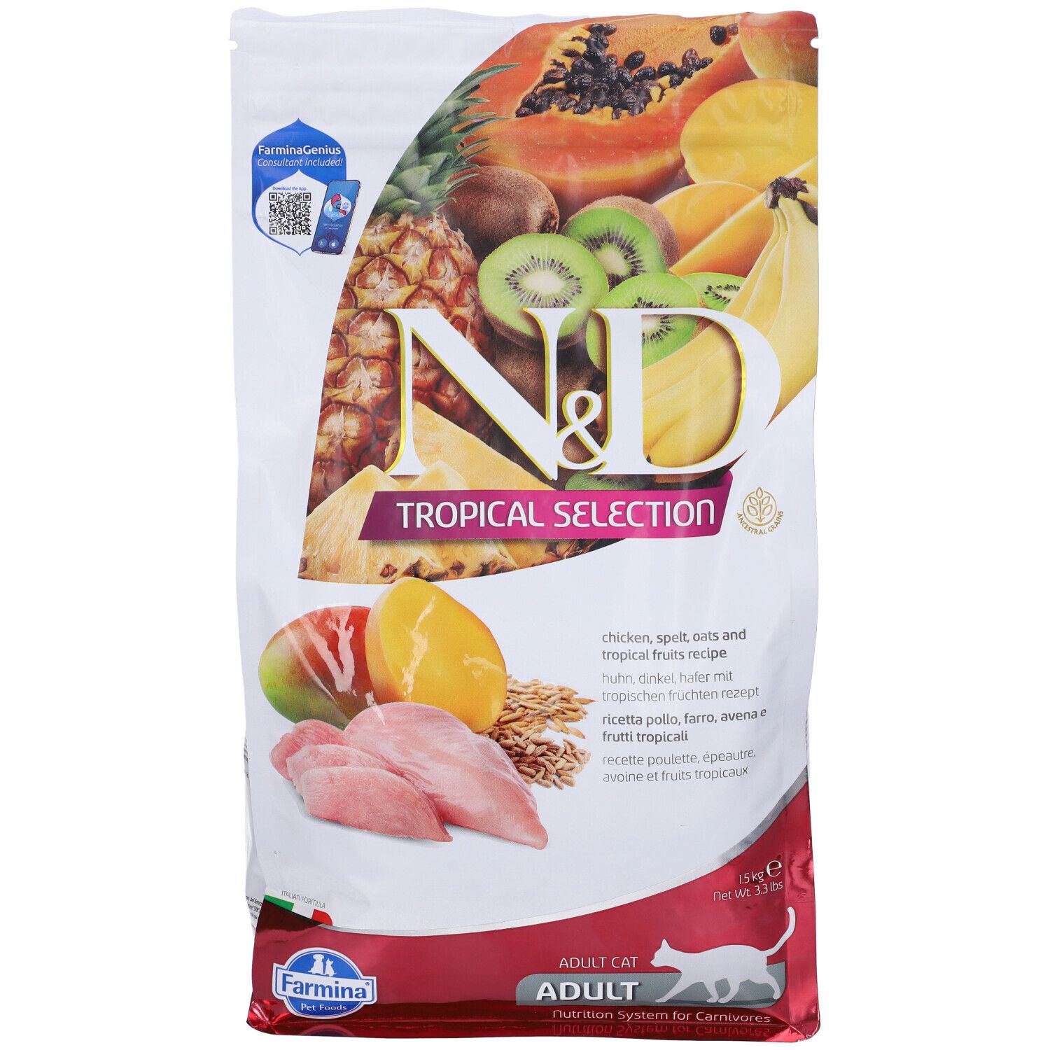 Sacchetto di cibo per gatti N&D Tropical Selection. Frutta, pollo e cereali. Testo: Adult Cat, Farmina.