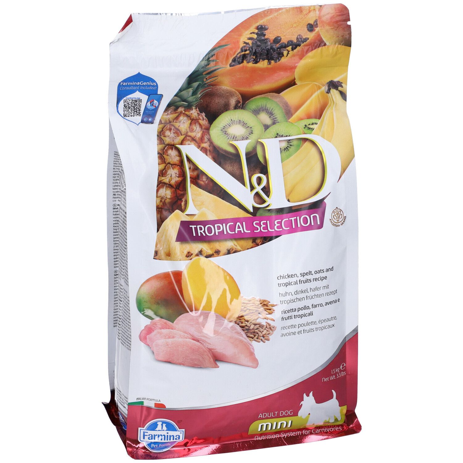 Confezione di cibo per cani. Scritta: N&D Tropical Selection. Illustrazione di frutta e pollo. Formato mini.