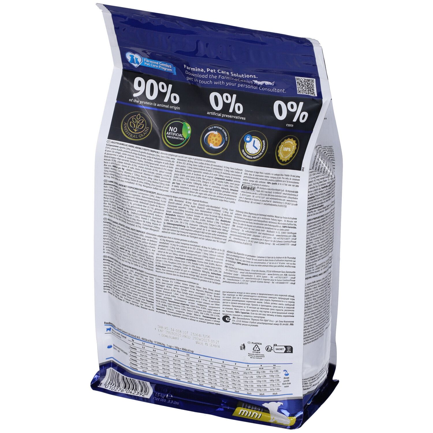Retro del sacchetto di cibo per cani Farmina®. Informazioni su ingredienti, valori nutrizionali e certificazioni.