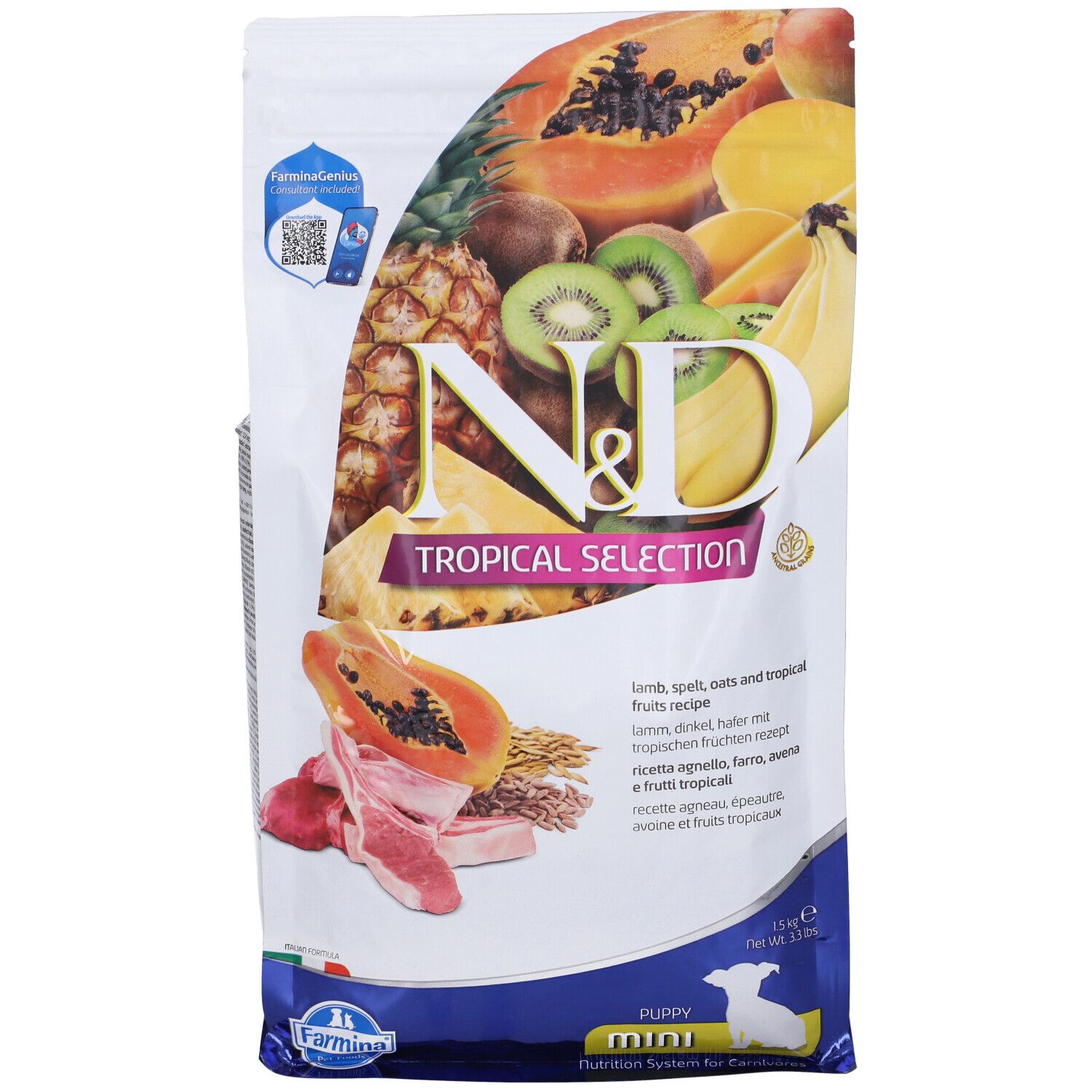 Sacchetto di cibo per cani Farmina®. N&D Tropical Selection, agnello, cereali, frutta tropicale. Vista frontale del sacchetto.