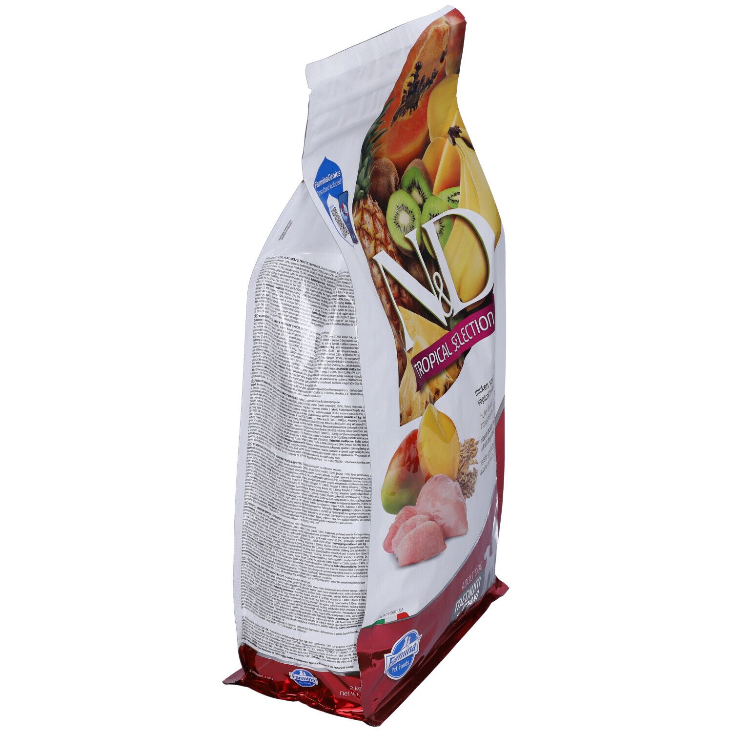 Vista laterale della confezione di cibo per cani N&D Tropical Selection. Testo e illustrazioni di frutta e pollo visibili.