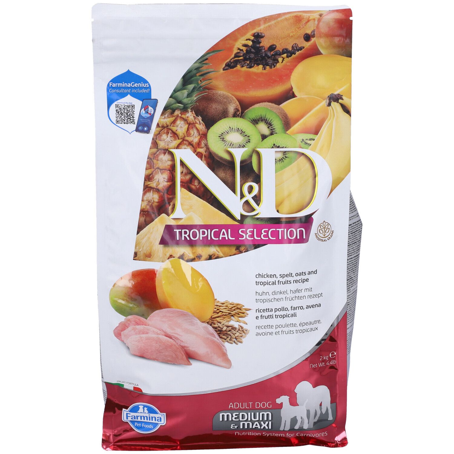 Confezione di cibo per cani N&D Tropical Selection. Illustrazione di frutta, pollo e testo. Scritta: Adult Dog Medium & Maxi.