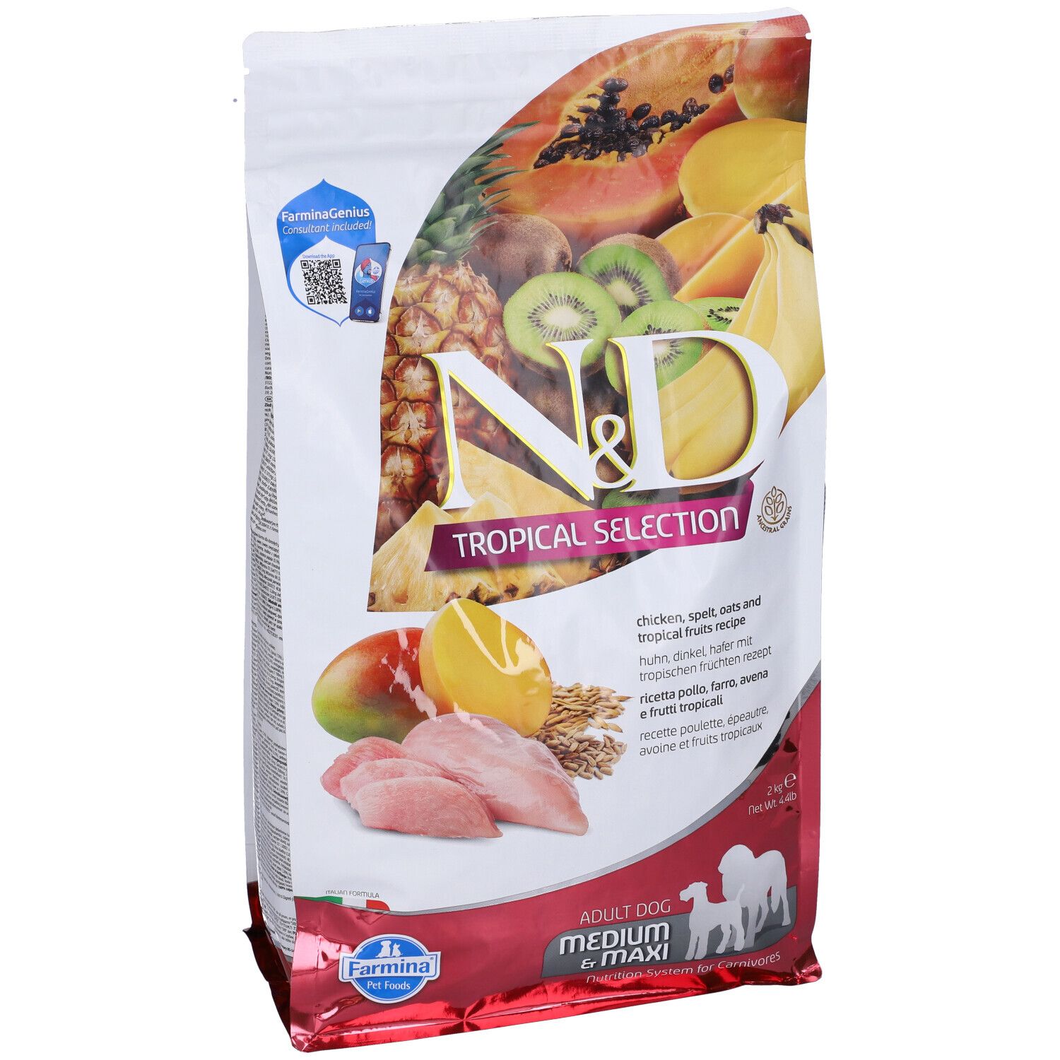 Confezione di cibo per cani N&D Tropical Selection. Illustrazione di frutta, pollo e testo. Scritta: Adult Dog Medium & Maxi.
