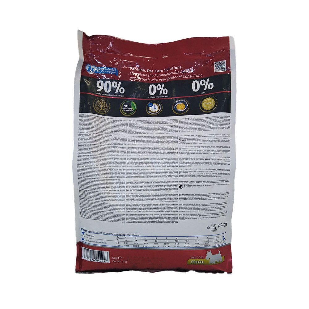 Retro della confezione N&D Tropical Selection Chicken Adult Mini. Testo e loghi. Percentuali: 90%, 0%, 0%.
