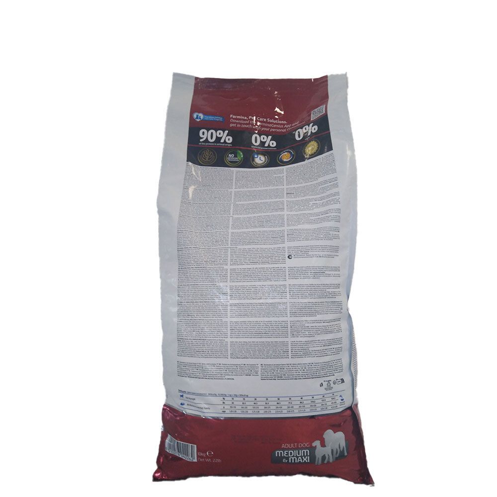 Retro del sacchetto N&D Tropical Selection. Contiene informazioni sugli ingredienti e i valori nutrizionali.