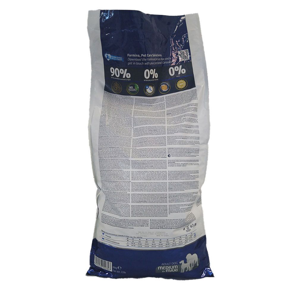 Retro del sacchetto di cibo per cani N&D. Testo con ingredienti e valori nutrizionali. Logo: Farmina Pet Foods.