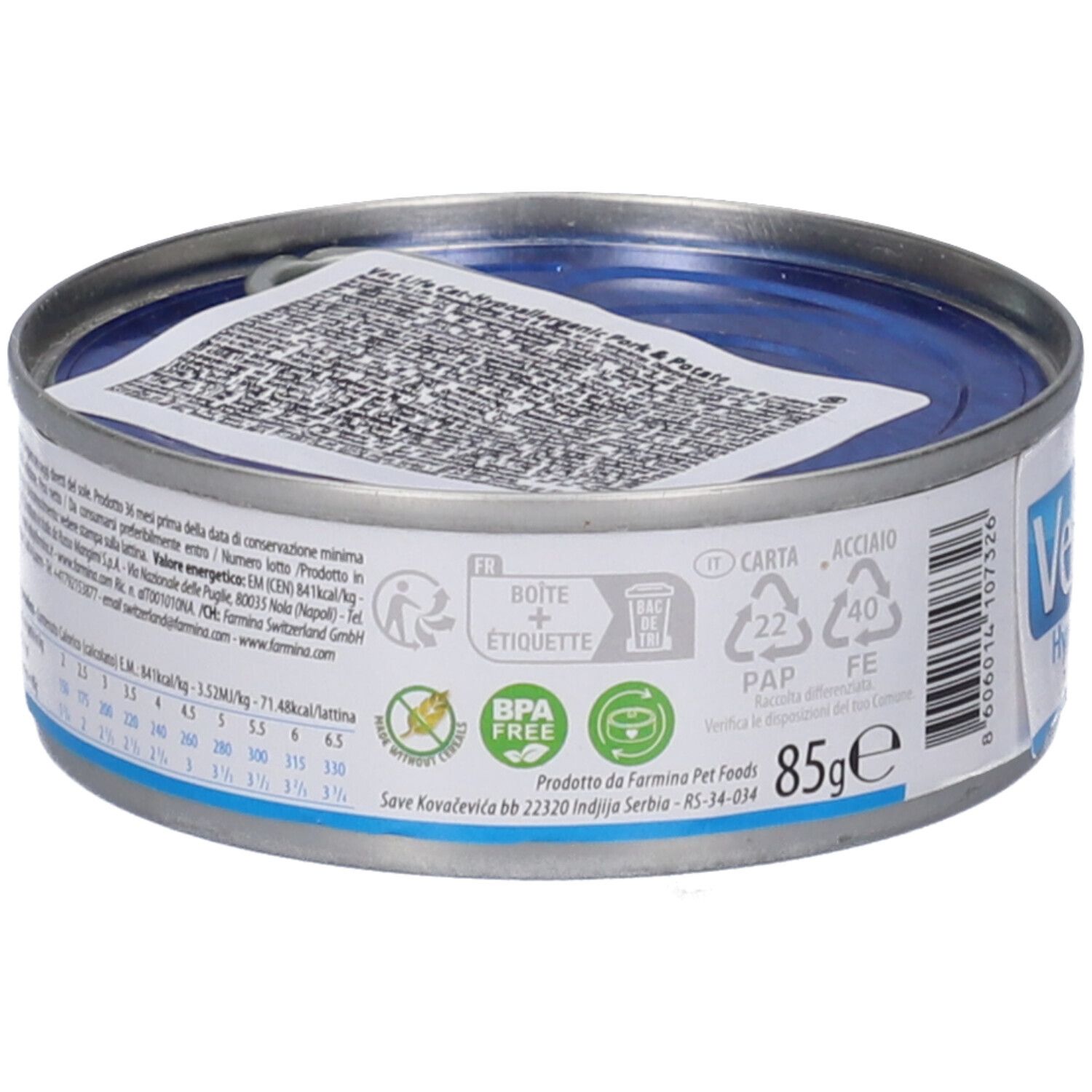 Lattina rotonda in metallo, coperchio blu. Retro con testo e simboli di riciclaggio. 85g.