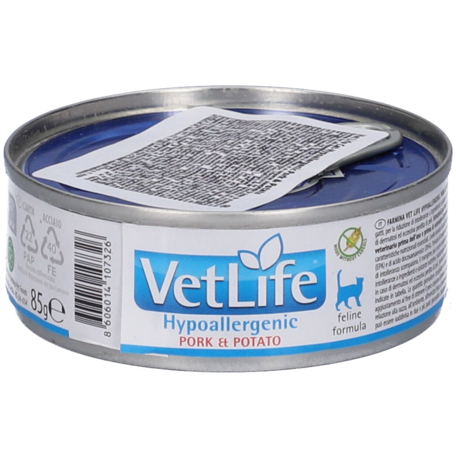 Lattina rotonda in metallo, coperchio blu. Scritta "VetLife Hypoallergenic Pork & Potato". 85g. Simbolo gatto.