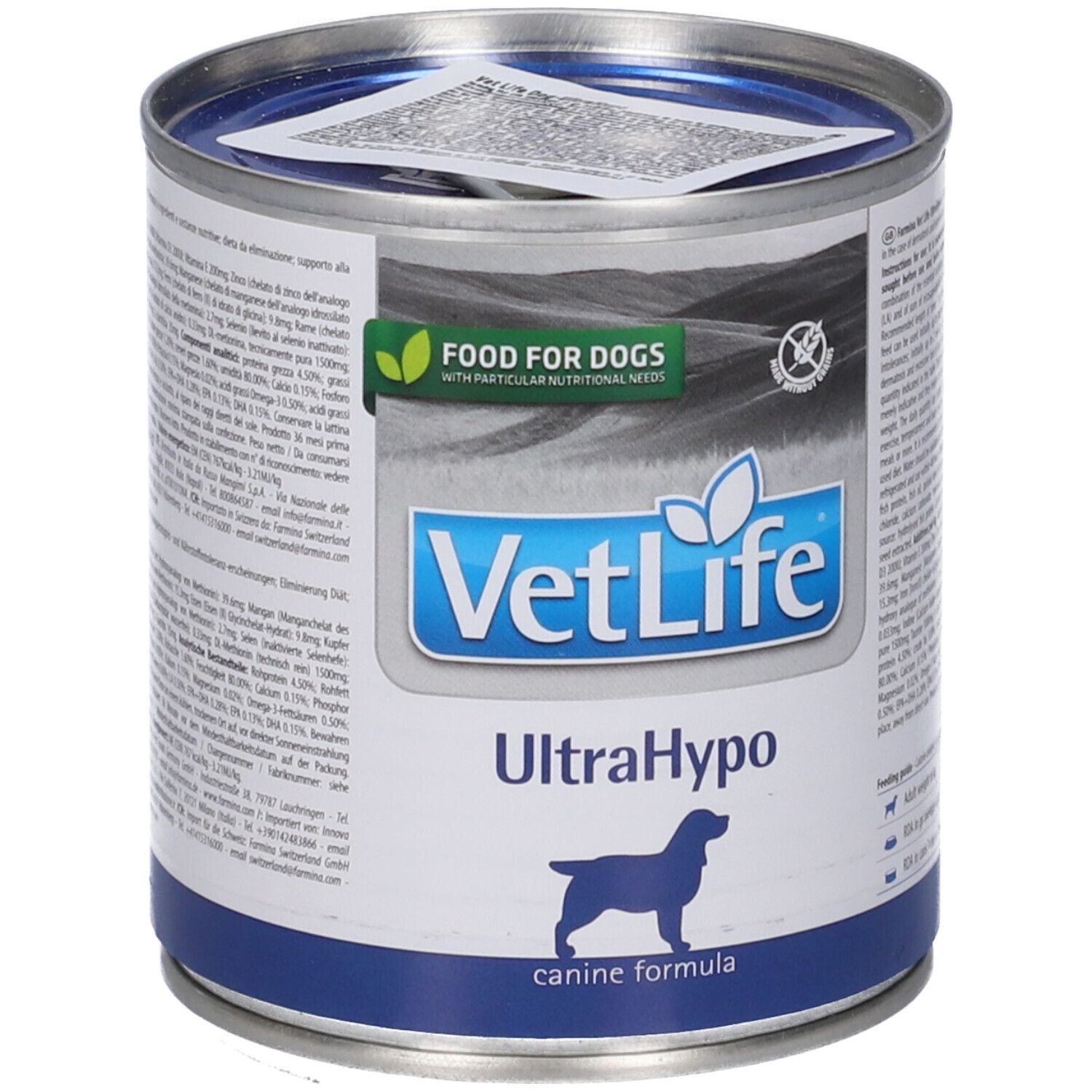 Lattina di cibo per cani Vet Life UltraHypo. Lattina blu e argento con testo e logo. "Food for dogs" e sagoma di cane.