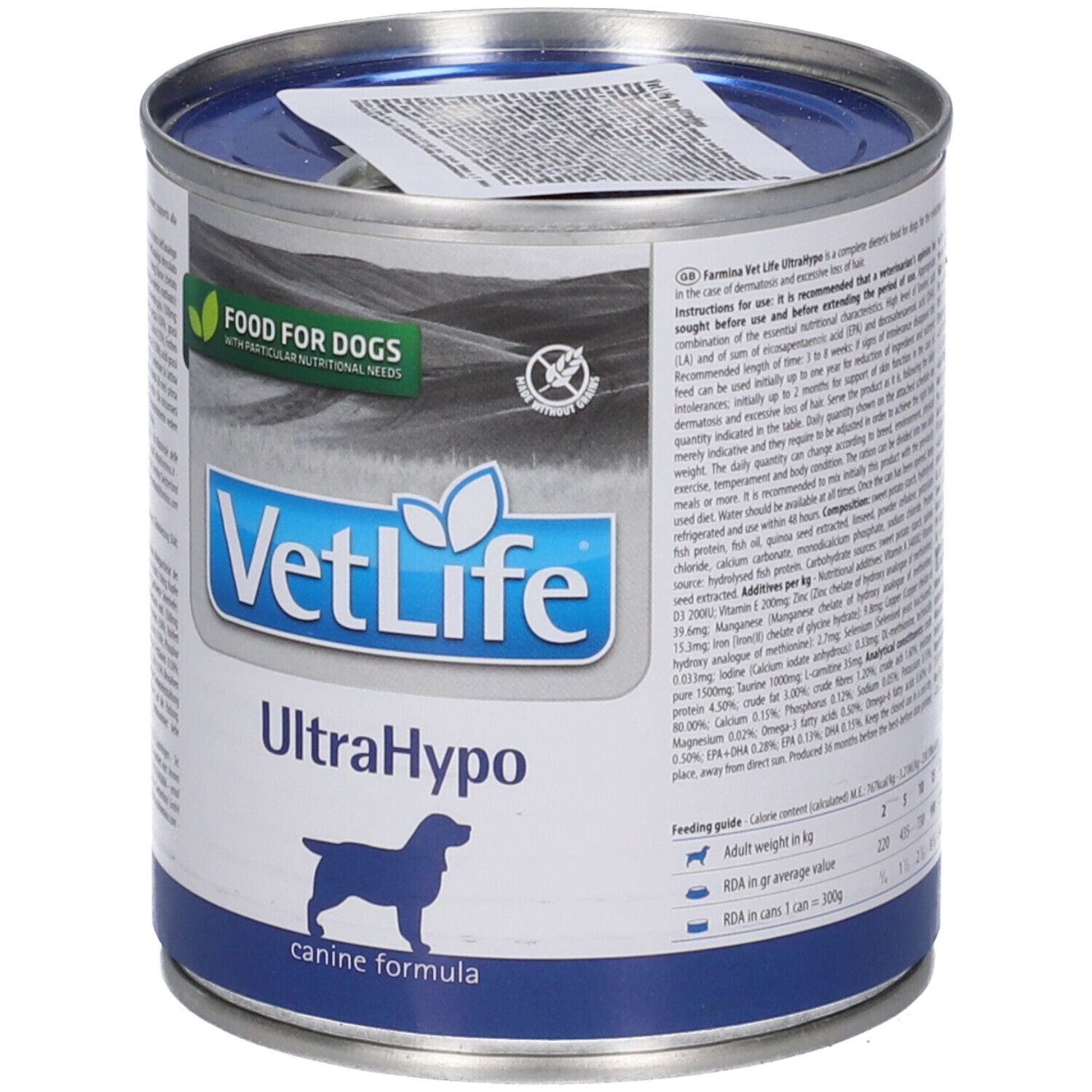 Lattina di cibo per cani Vet Life UltraHypo. Lattina blu e argento con testo e logo. "Food for dogs" e sagoma di cane.