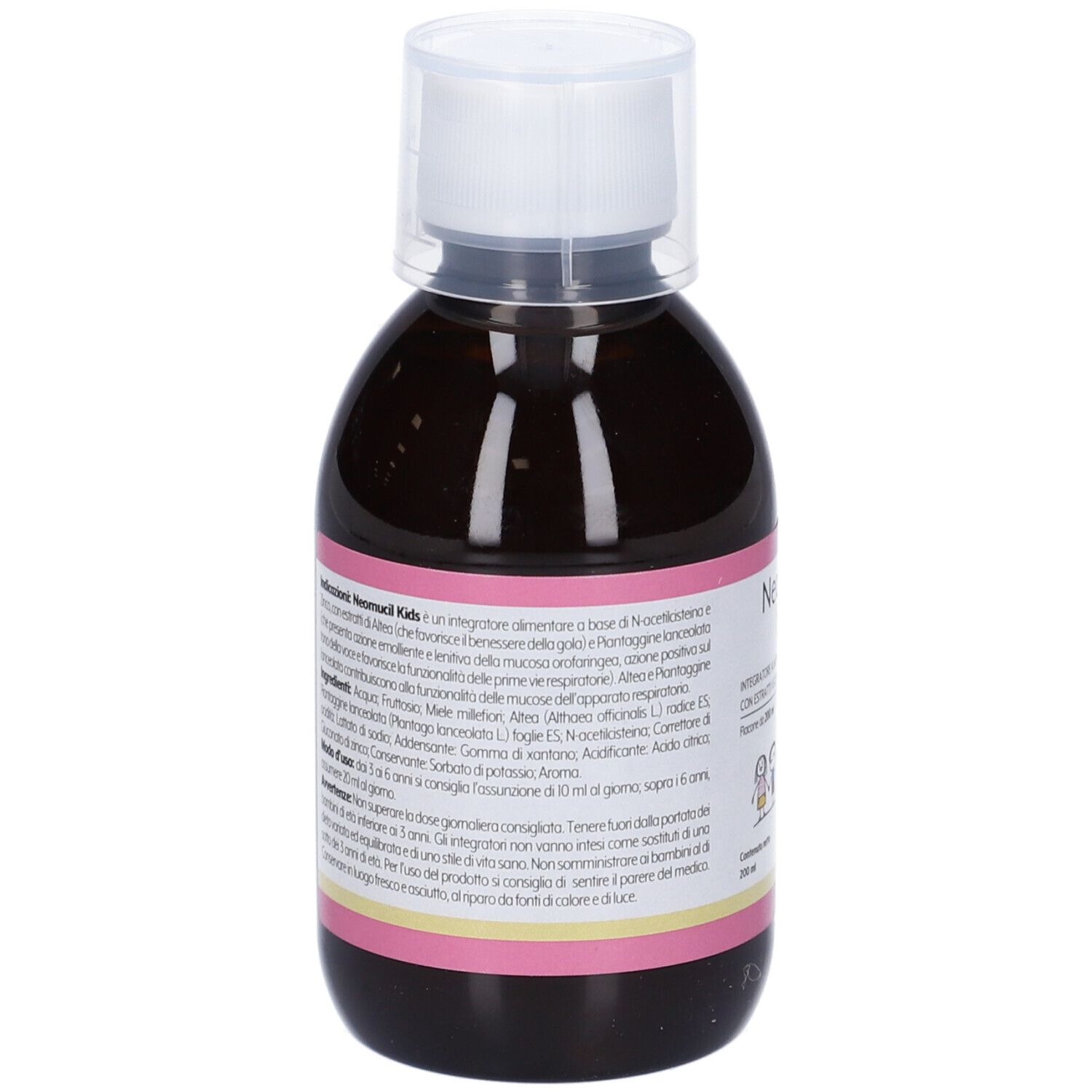 Retro di una bottiglia di liquido marrone. Testo in italiano. Strisce rosa e gialle.