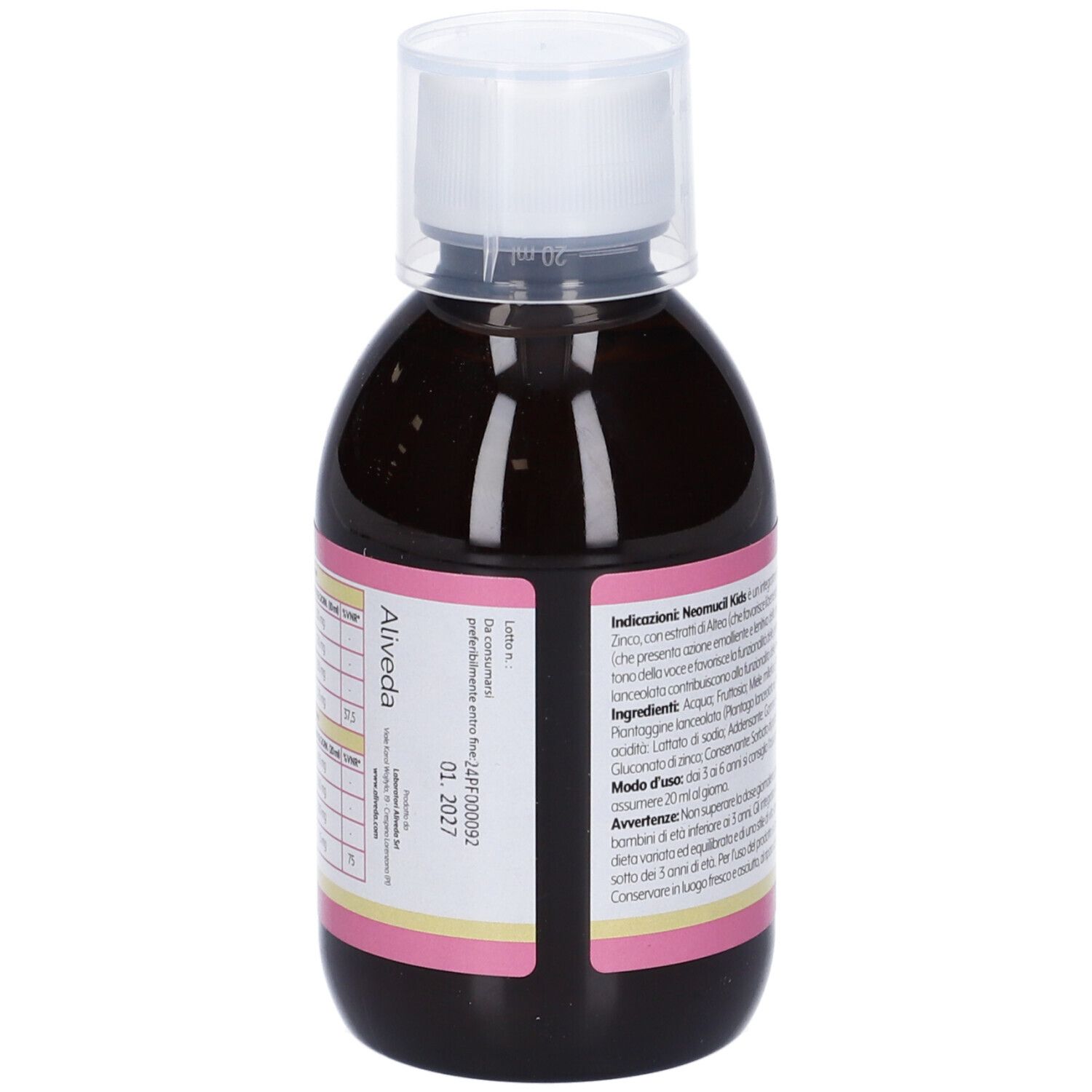 Retro di una bottiglia di liquido marrone. Testo in italiano. Strisce rosa e gialle. Data di scadenza.