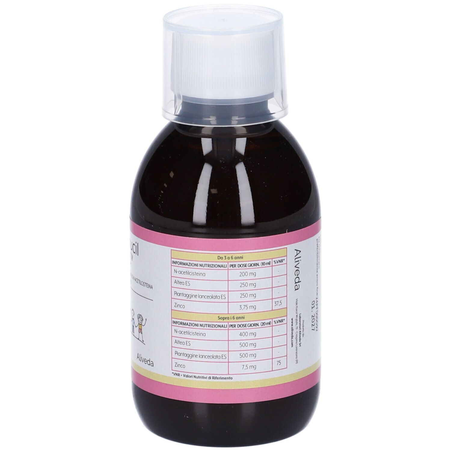 Retro di una bottiglia di liquido marrone. Testo in italiano. Strisce rosa e gialle. Informazioni nutrizionali.