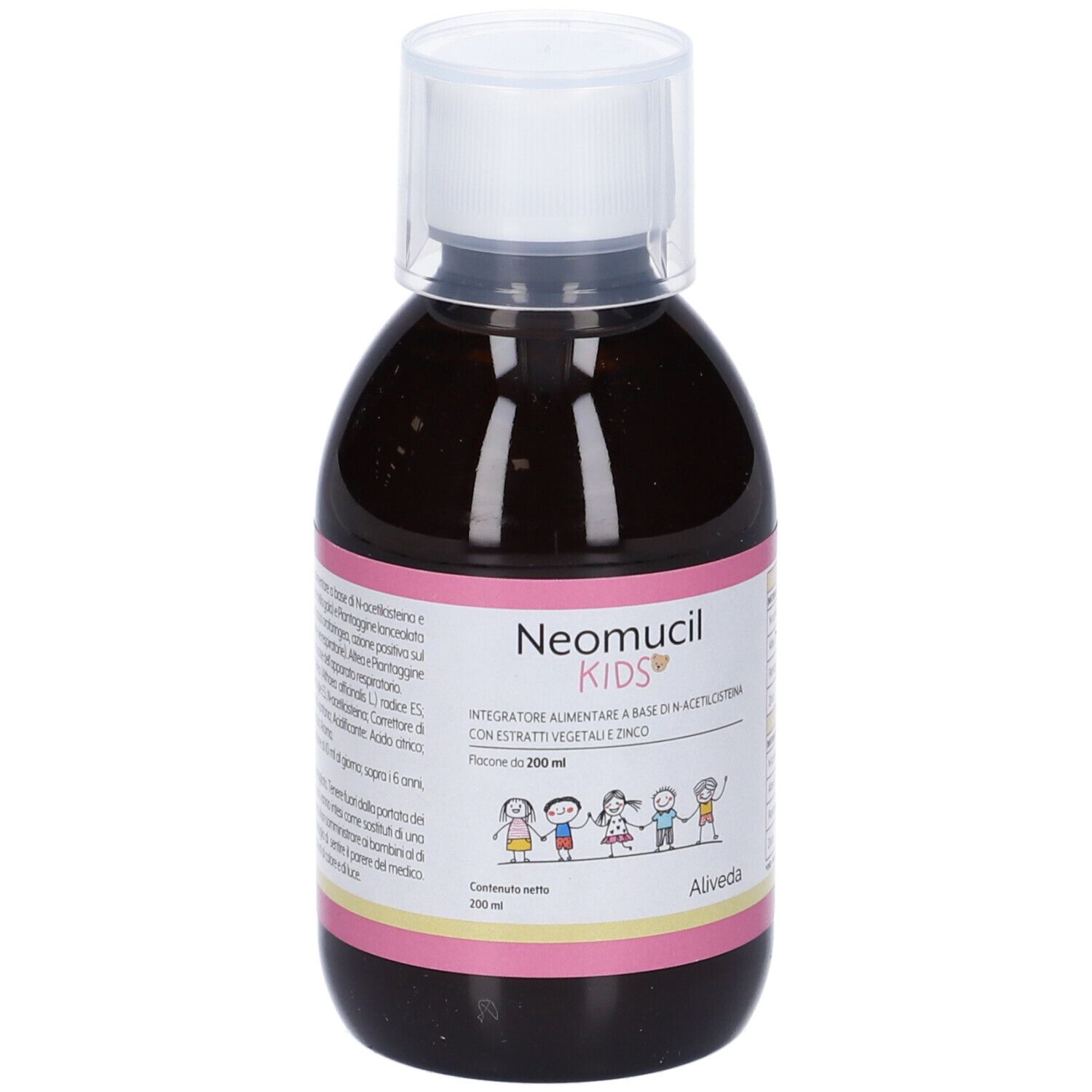 Liquido marrone in bottiglia con tappo bianco. Scritta: Neomucil Kids, Aliveda. Strisce rosa e gialle.