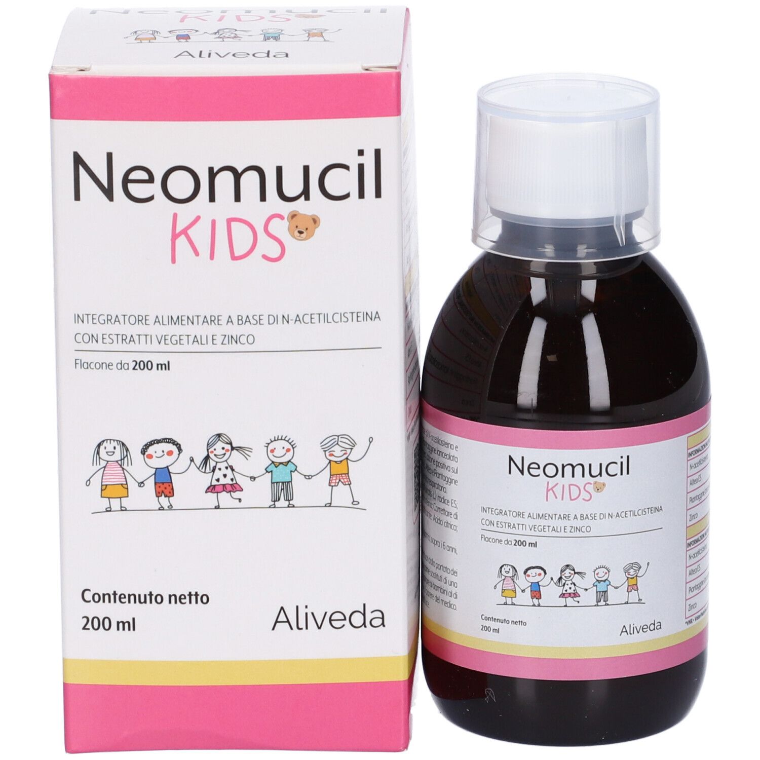 Bottiglia e scatola di liquido marrone. Scritta: Neomucil Kids, Aliveda. Strisce rosa e gialle.