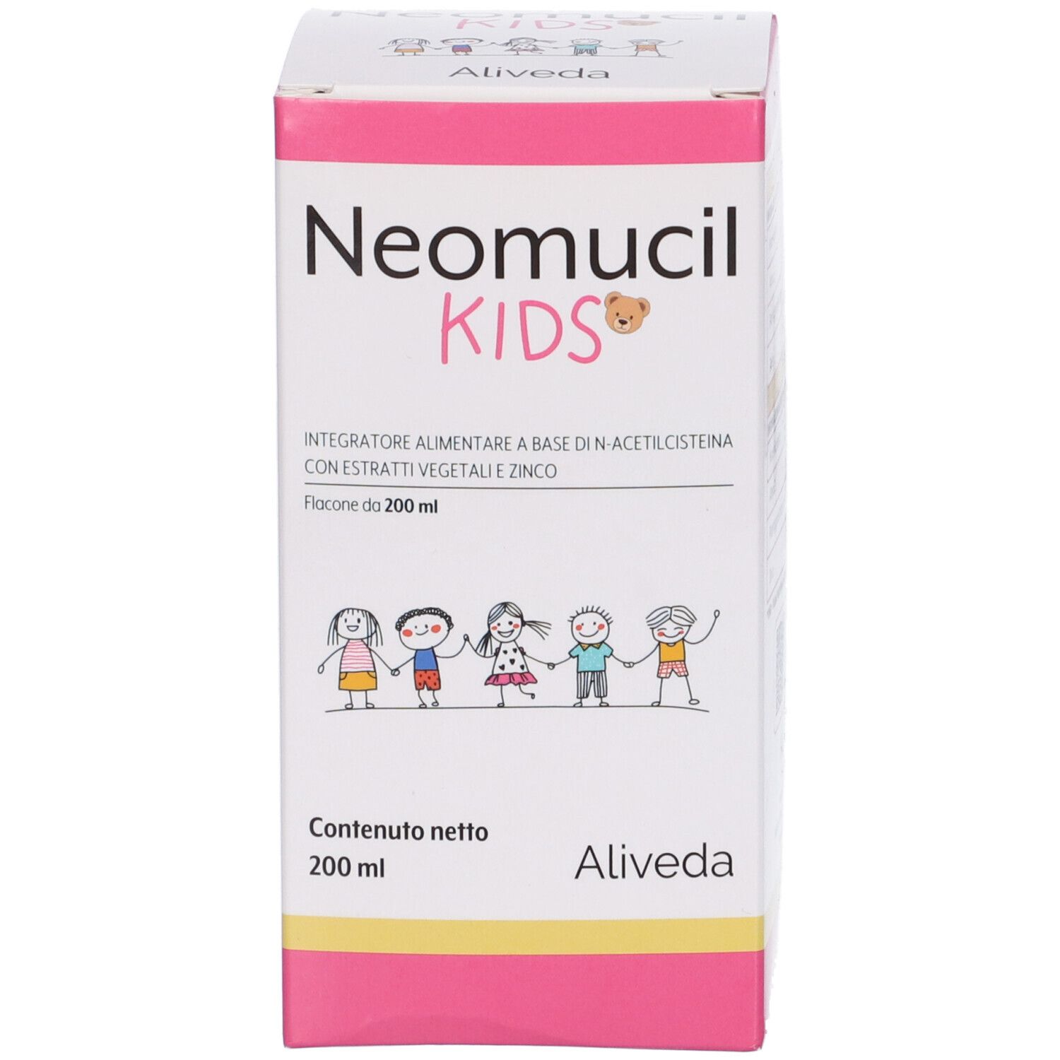 Scatola con scritta: Neomucil Kids, Aliveda. Strisce rosa e gialle. Illustrazione di bambini.