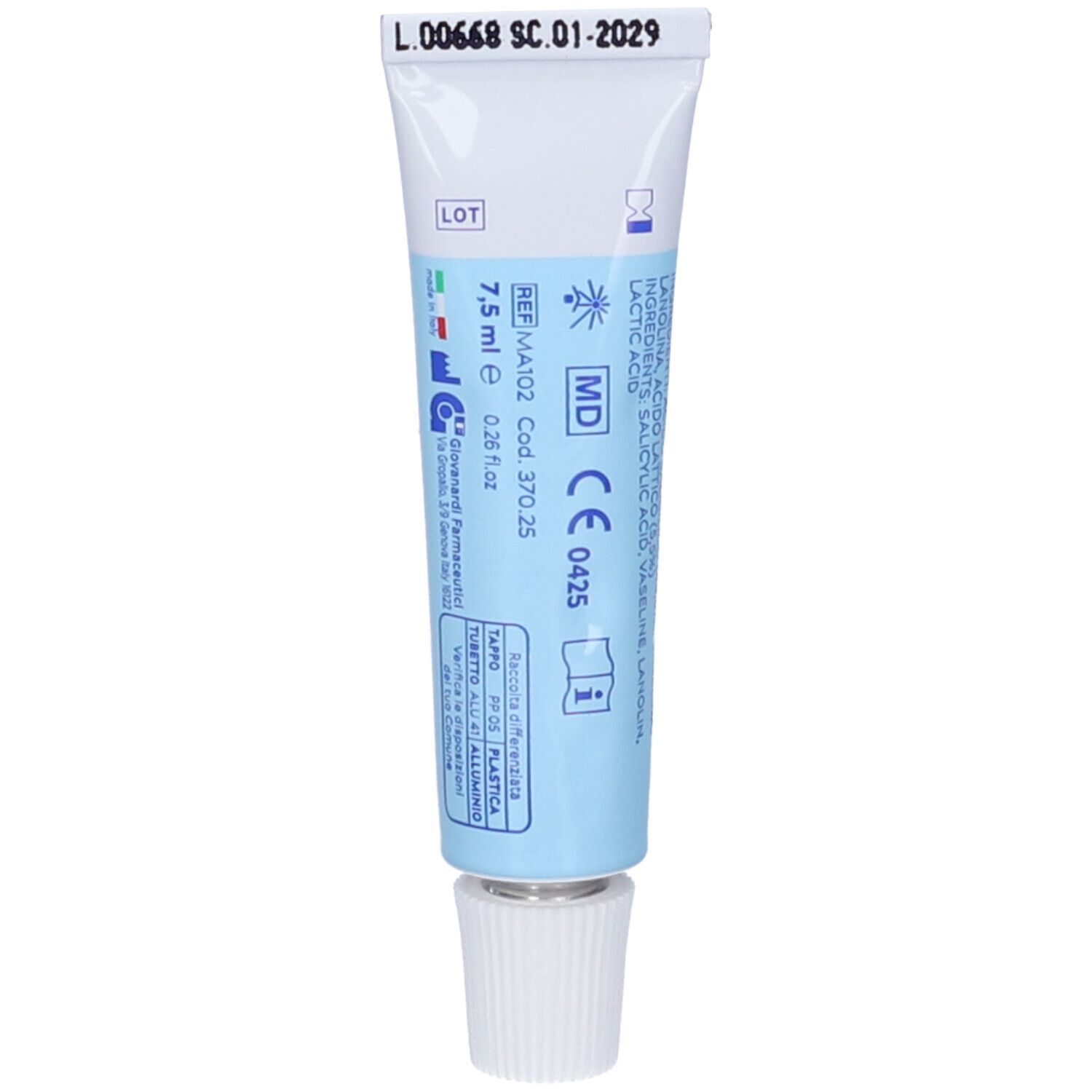 Tubo crema con informazioni prodotto. Tubo bianco con testo blu. Tappo argentato. 7,5 ml.