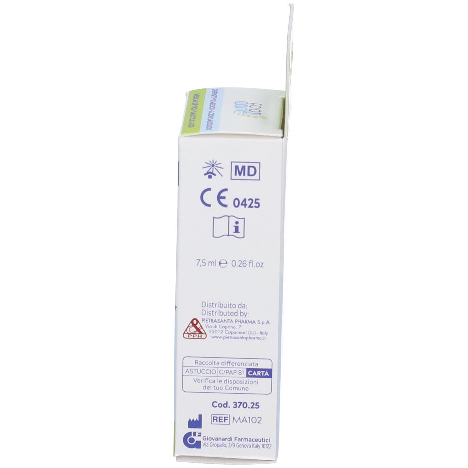 Confezione prodotto, vista laterale. Testo e loghi. 7,5 ml, 0,26 fl oz.