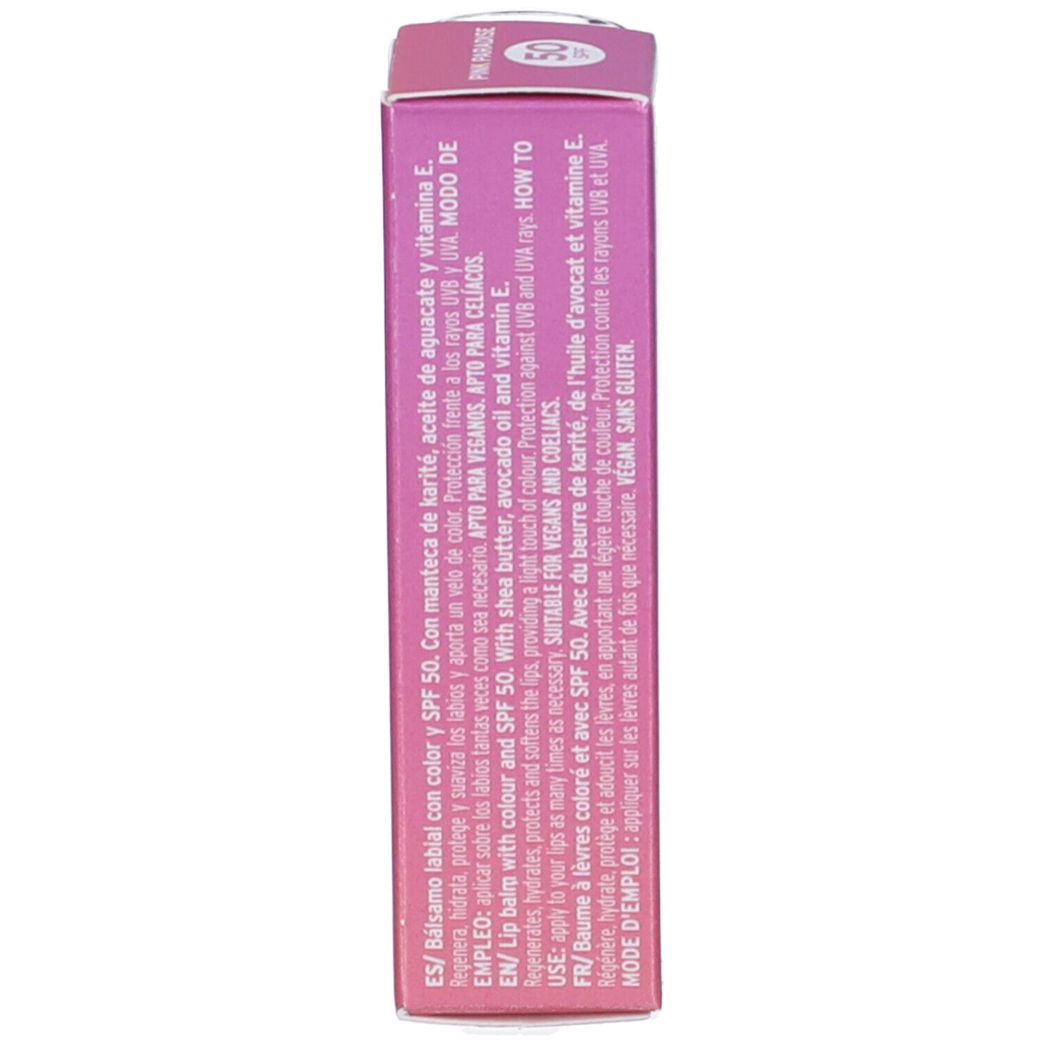 Confezione del balsamo labbra. Testo multilingue: utilizzo, ingredienti, fattore di protezione solare 50, vegano.