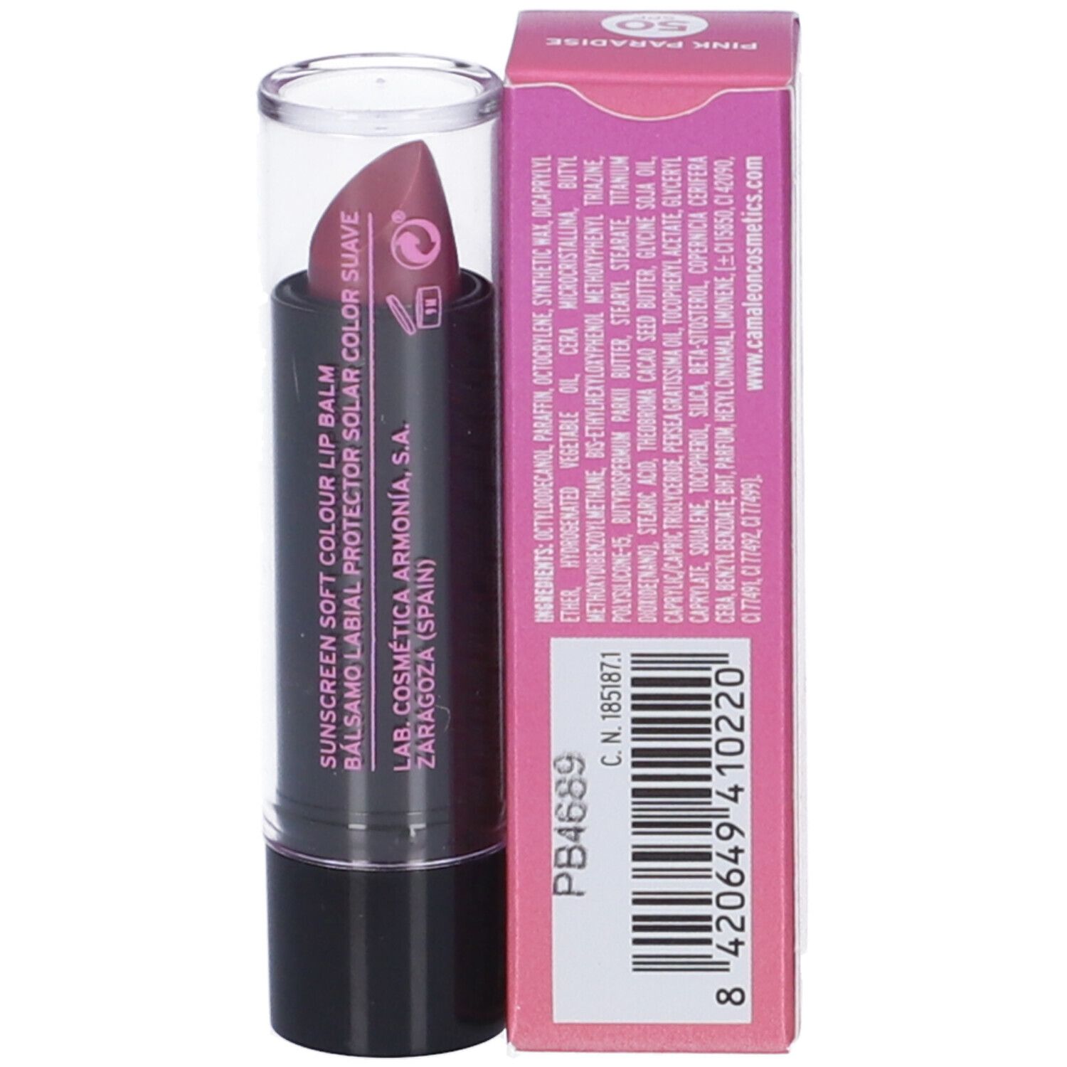 Balsamo labbra rosa. Scritta: "Pink Paradise Colour Balm", SPF 50. Ingredienti e informazioni del produttore.