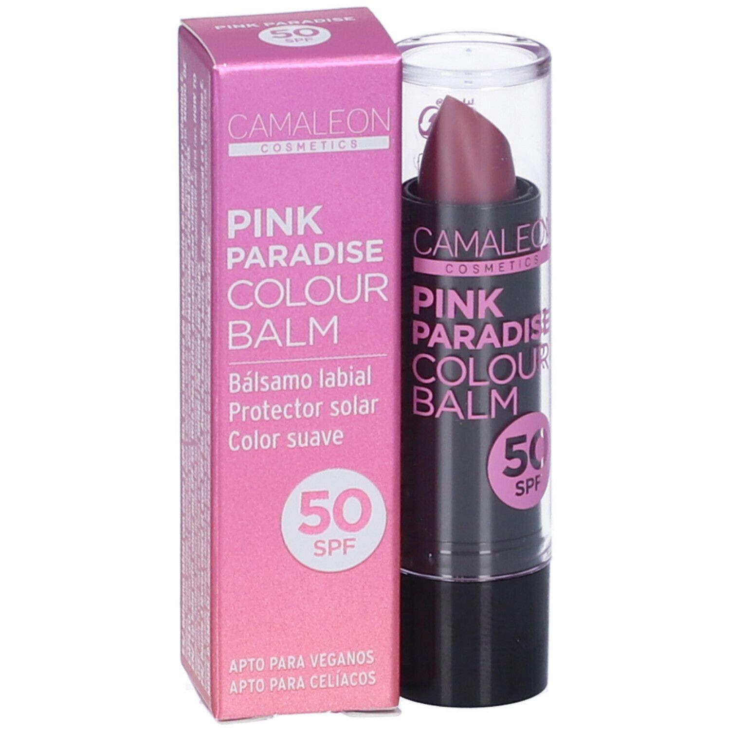 Balsamo labbra rosa con SPF 50. Confezione e prodotto con scritta "Pink Paradise Colour Balm".