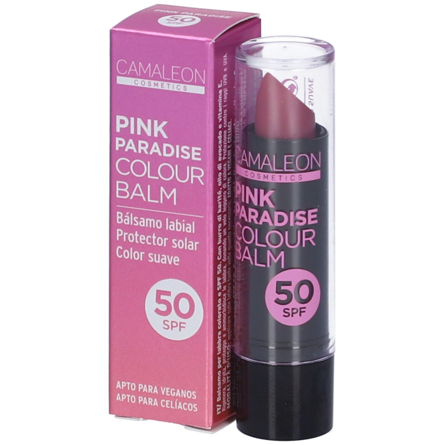 Balsamo labbra rosa con SPF 50. Confezione e prodotto con scritta "Pink Paradise Colour Balm".