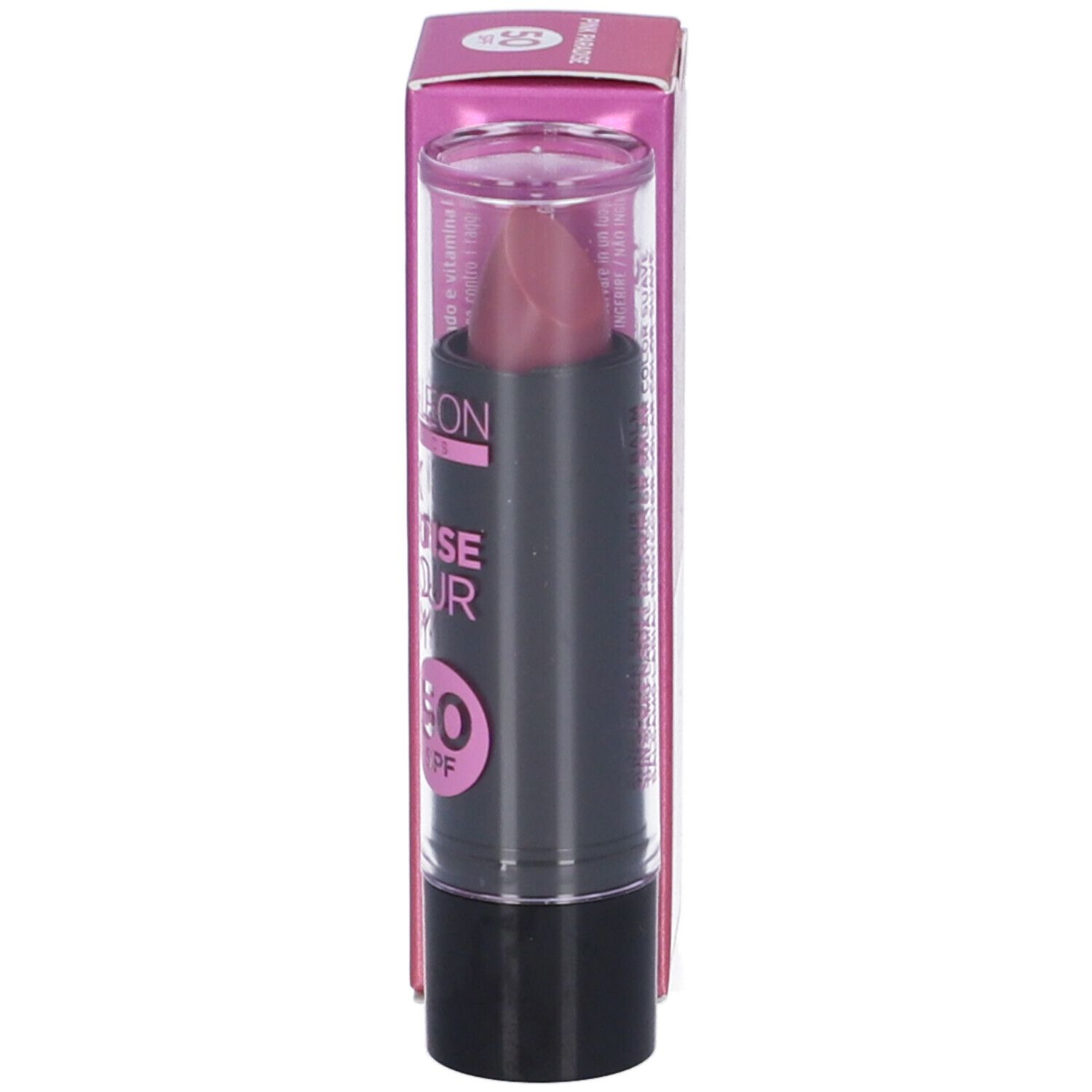 Balsamo labbra rosa con SPF 50. Prodotto con scritta "Pink Paradise Colour Balm".