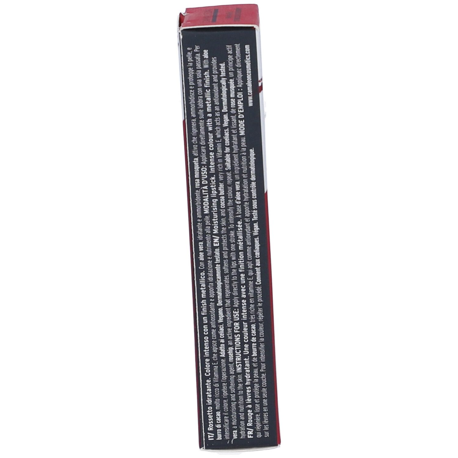 Scatola con informazioni sul prodotto. Testo multilingue, tra cui italiano e francese. Colori rosso e nero.