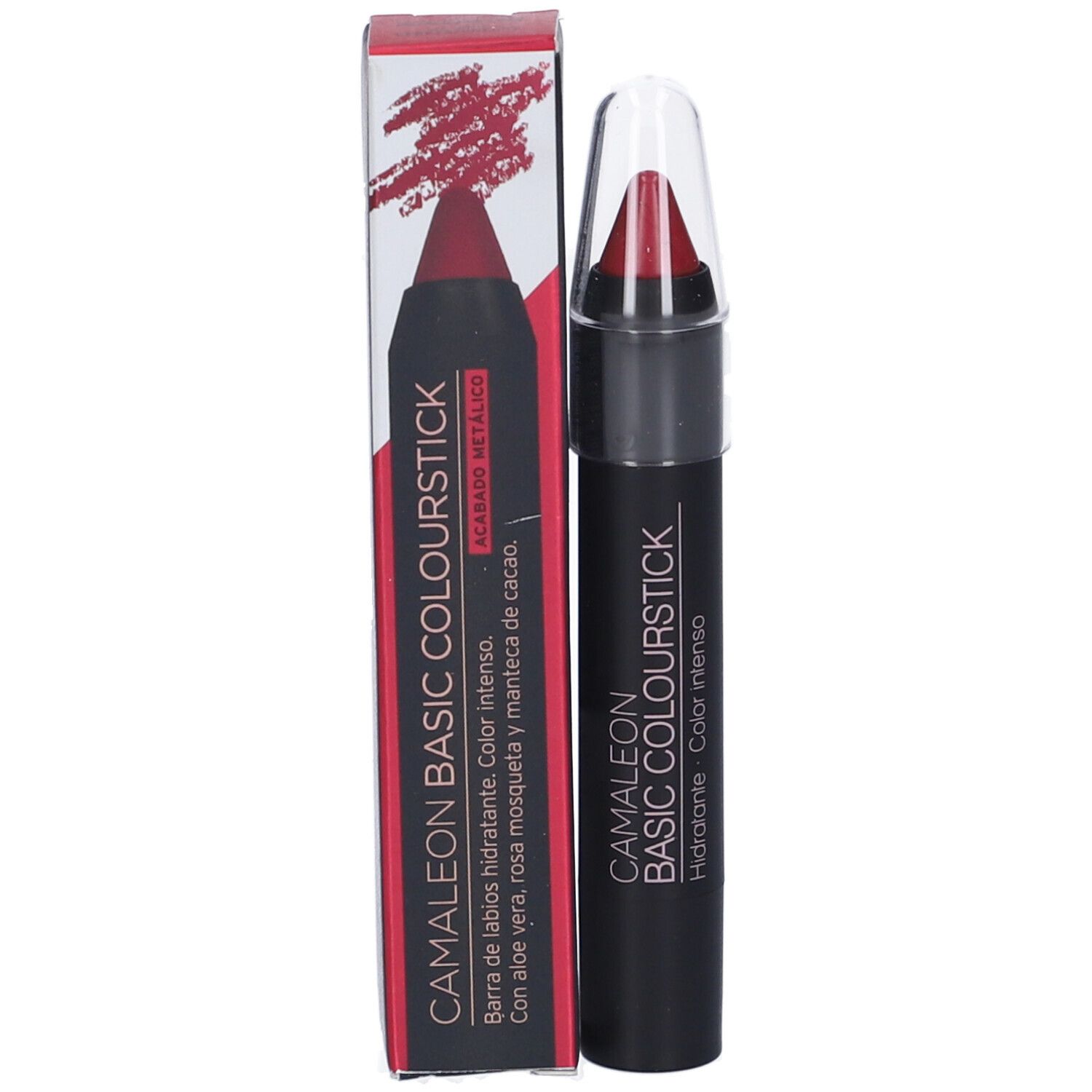 Rossetto a stick con punta rossa e astuccio nero. Confezione rossa con nome e descrizione del prodotto.
