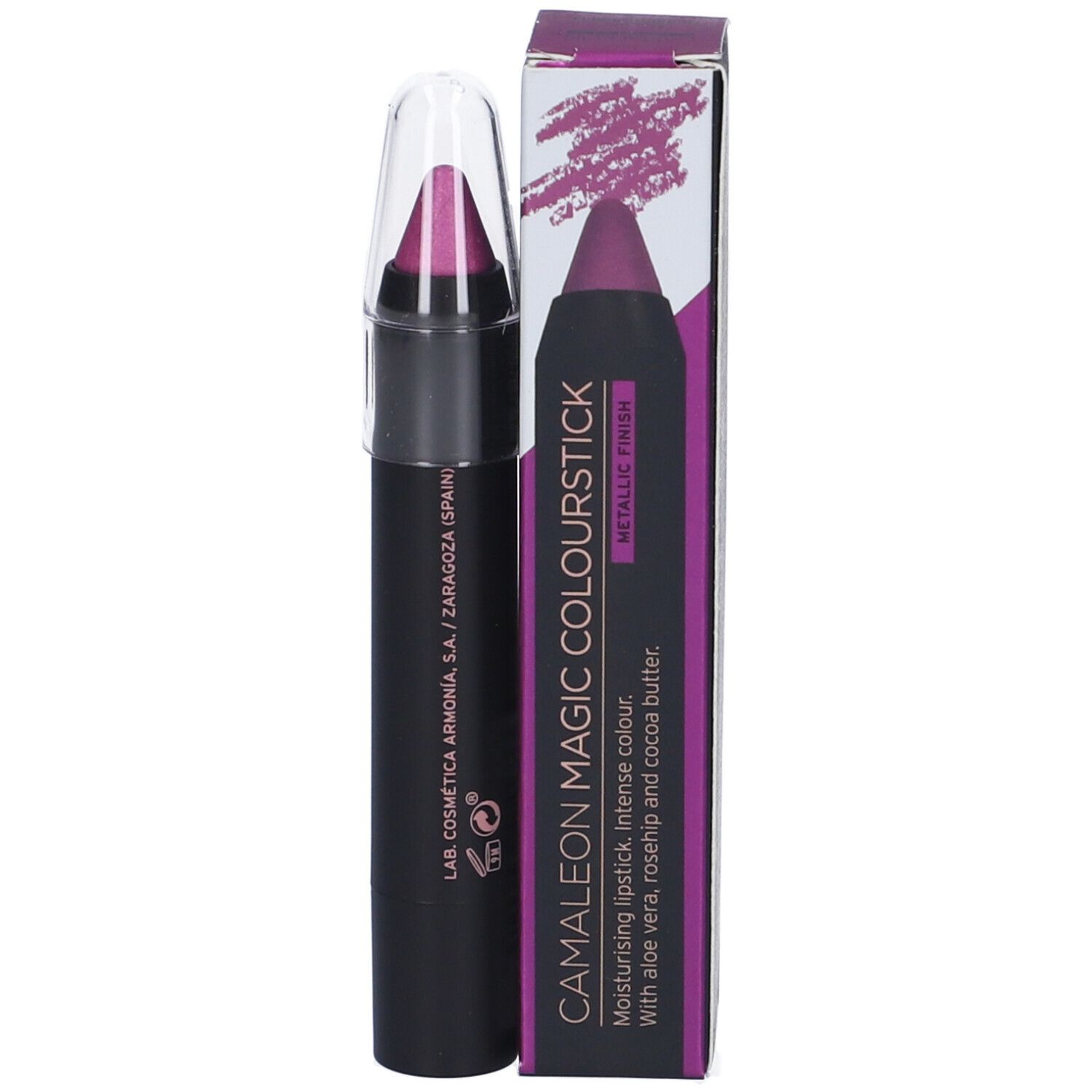 Rossetto Camaleon Magic Colourstick, con confezione. Stick nero, punta viola, cappuccio trasparente. Testo.