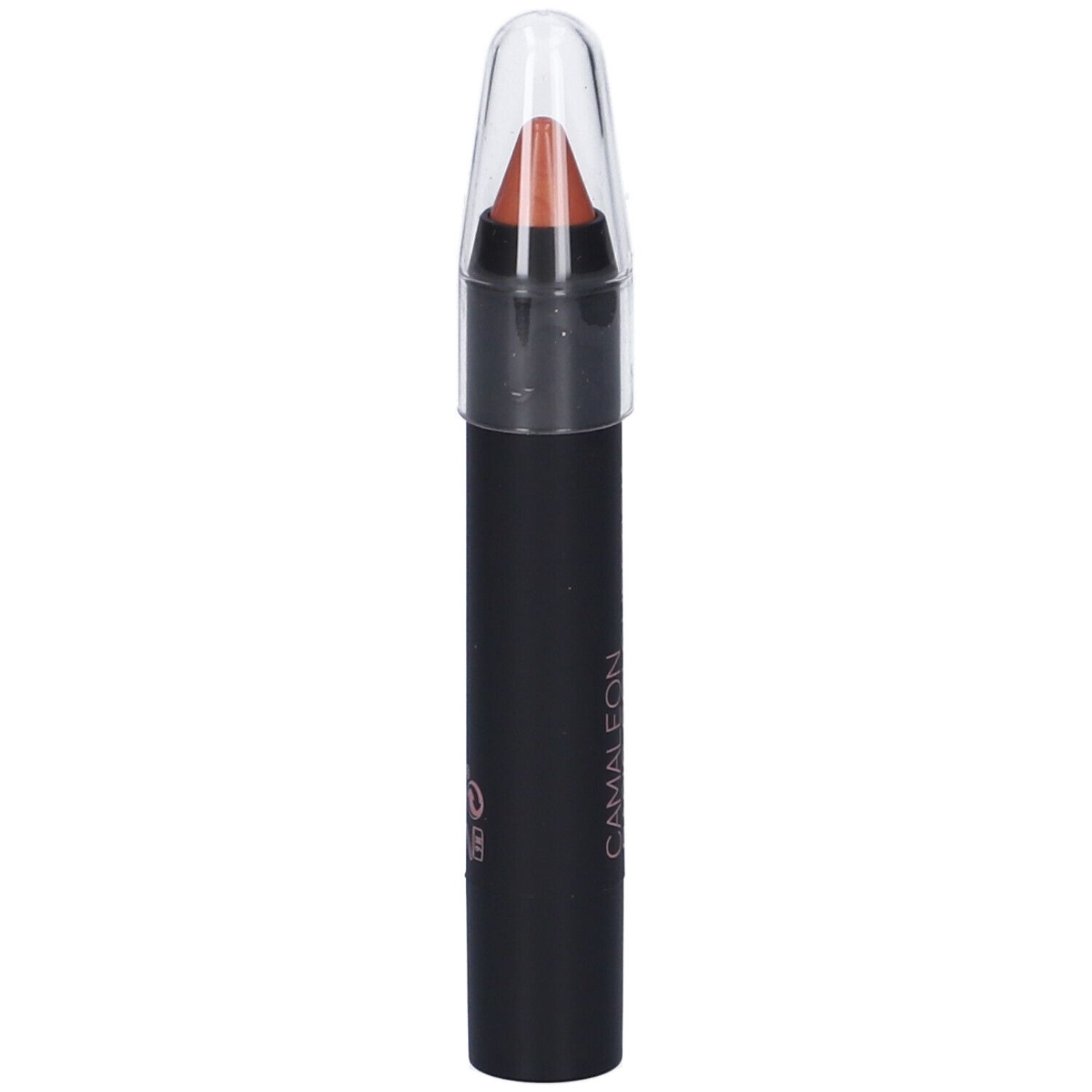 Rossetto in stick con cappuccio trasparente. Stick nero con scritta CAMALEON.