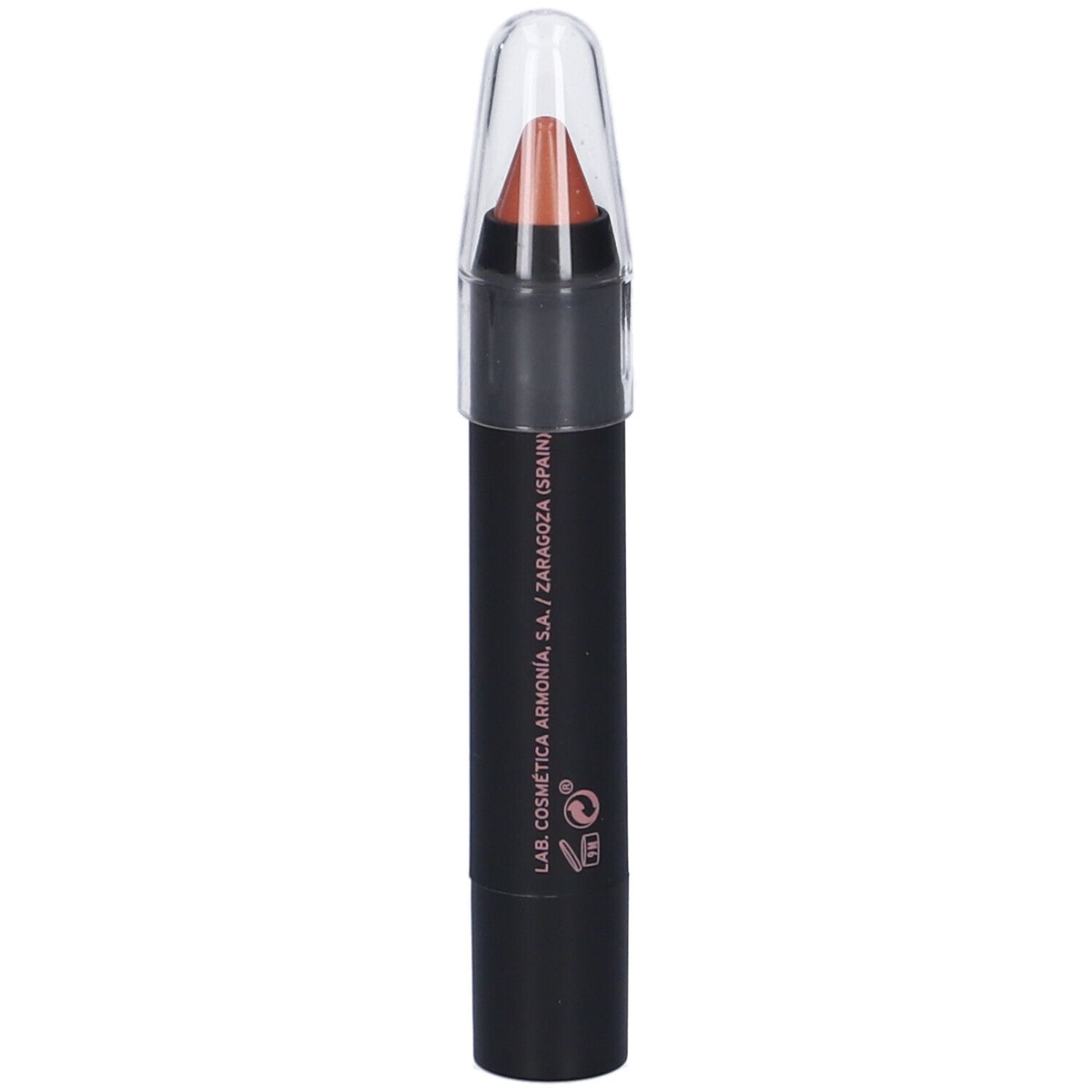 Rossetto in stick con cappuccio trasparente. Stick nero con scritta e logo.