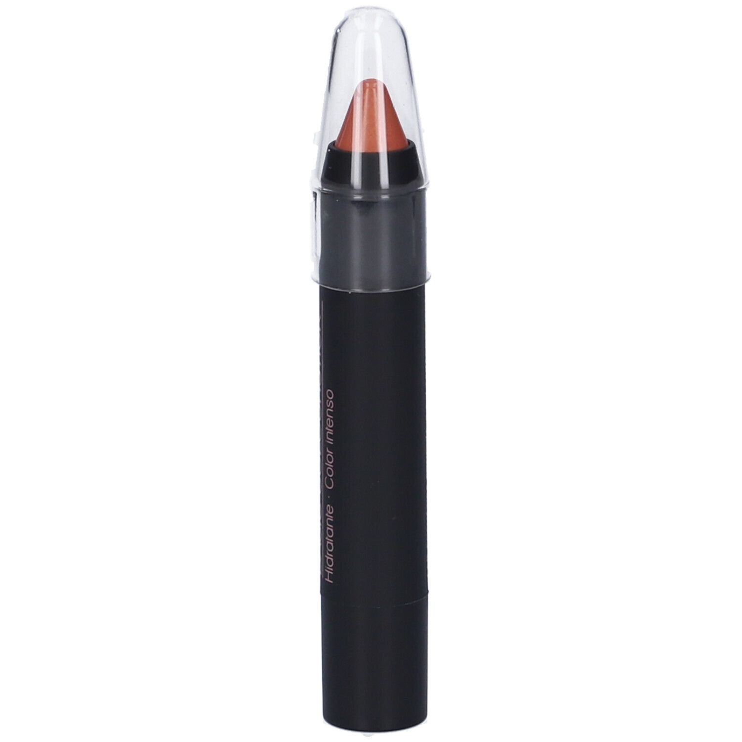 Rossetto in stick con cappuccio trasparente. Stick nero con scritta 'Hidratante Color intenso'.