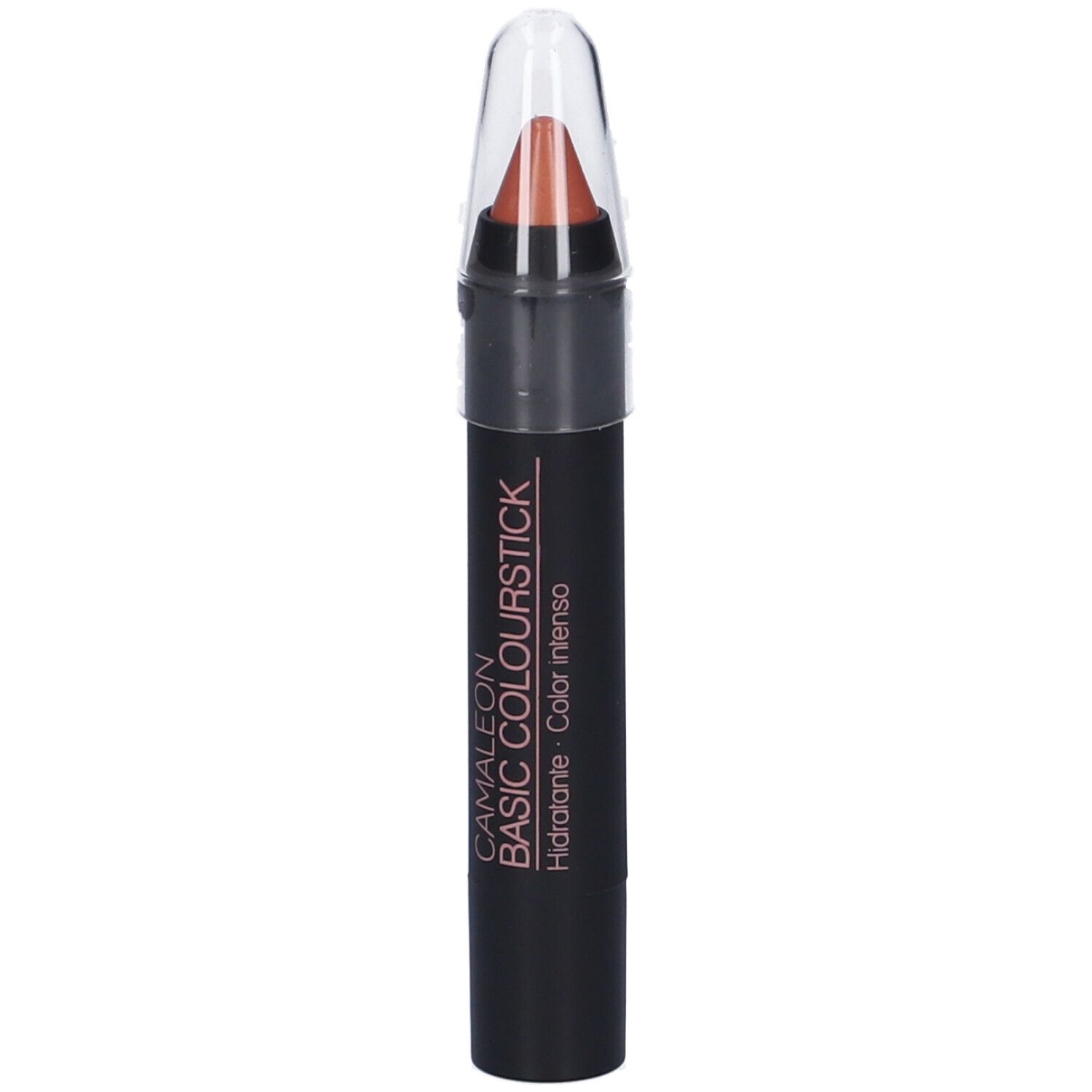 Rossetto in stick con cappuccio trasparente. Stick nero con scritta CAMALEON BASIC COLOURSTICK.