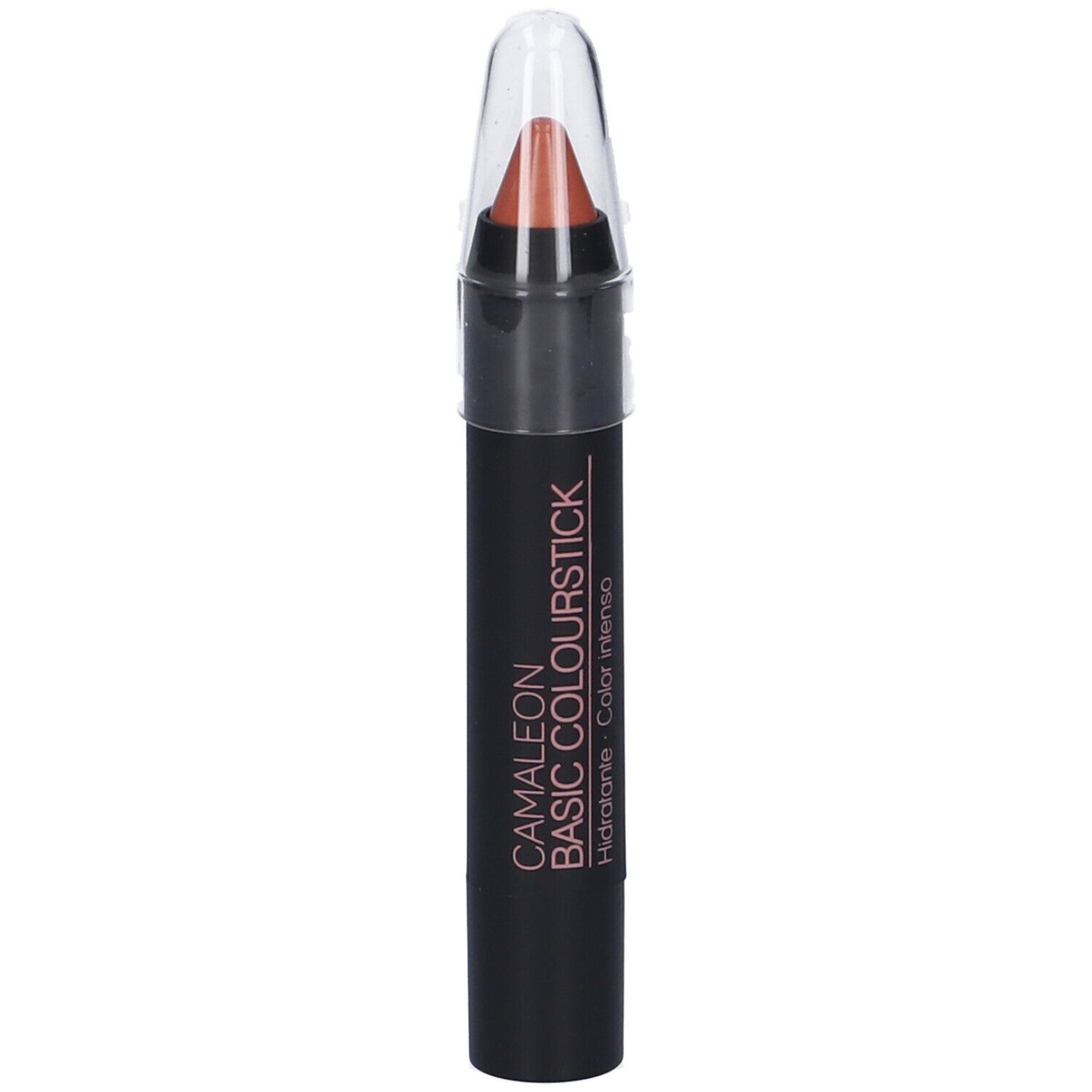 Rossetto in stick con cappuccio trasparente. Stick nero con scritta CAMALEON BASIC COLOURSTICK.