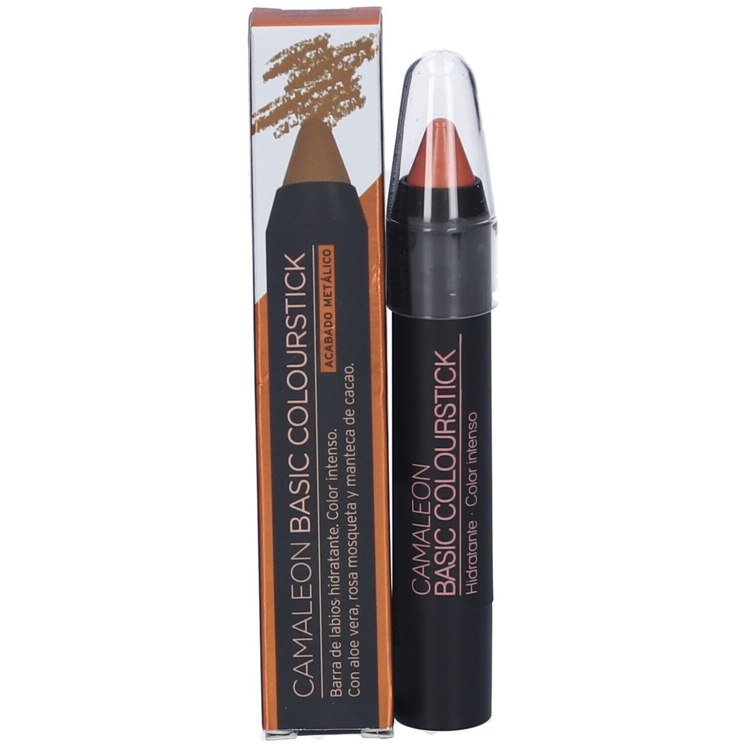 Rossetto in stick con confezione. Stick nero con scritta CAMALEON BASIC COLOURSTICK.