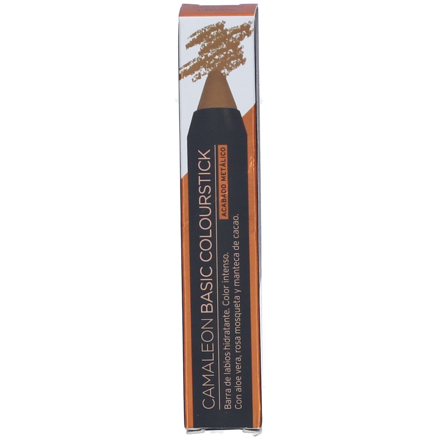 Confezione con scritta CAMALEON BASIC COLOURSTICK. Illustrazione di un rossetto.
