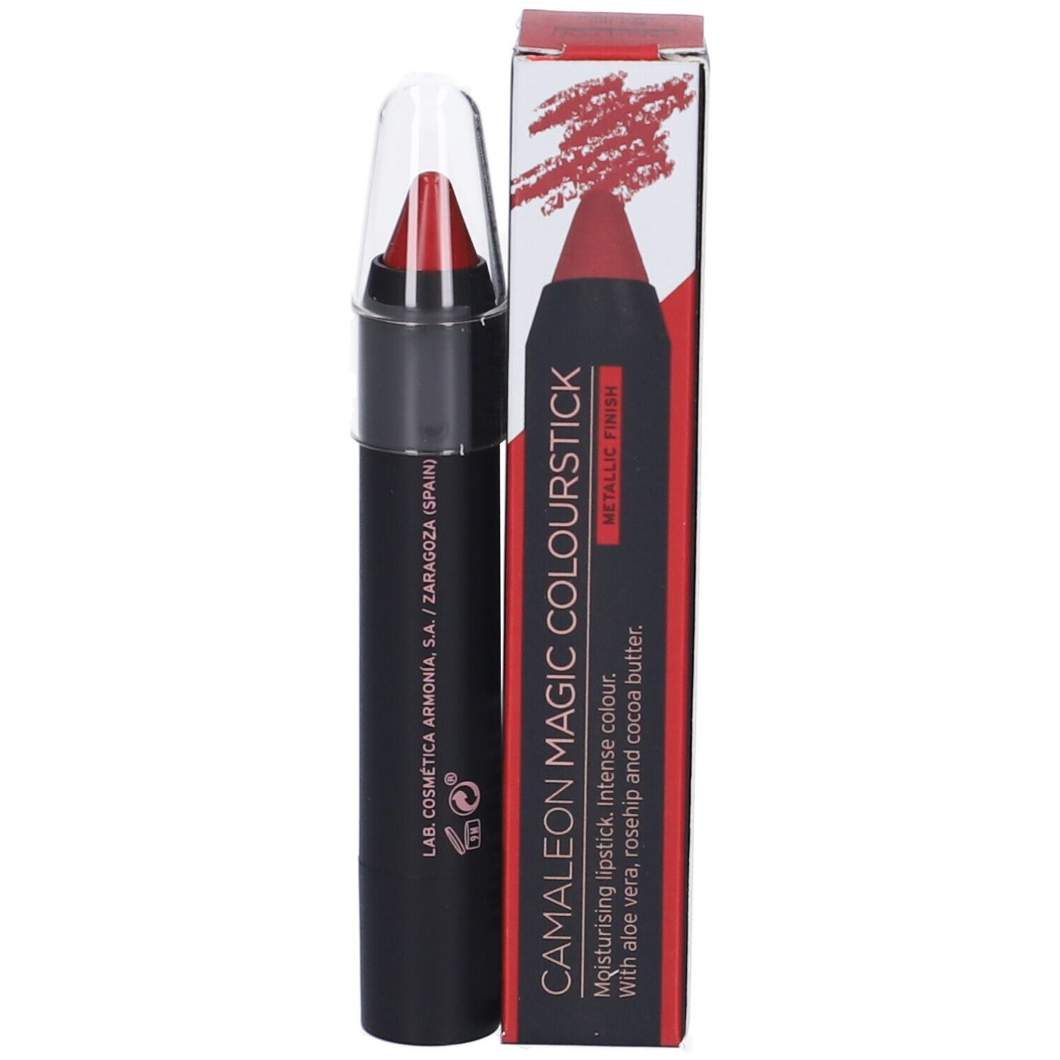 Rossetto rosso a stick con confezione. Scritta: Camaleon Magic Colourstick, finitura metallica.