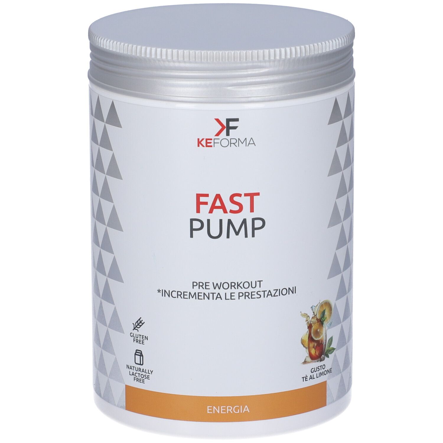 Barattolo bianco di integratore con coperchio argentato. Scritta: Fast Pump Pre-Workout. Senza glutine e senza lattosio. Gusto: Tè al limone.