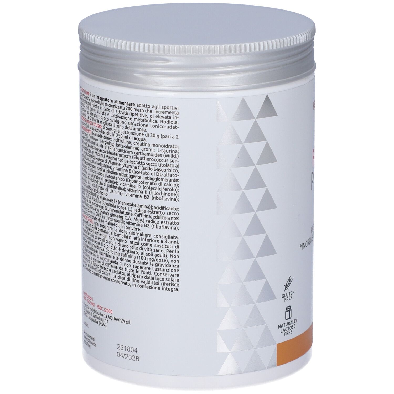 Retro del barattolo bianco di integratore. Testo con ingredienti e informazioni nutrizionali. Senza glutine e senza lattosio.